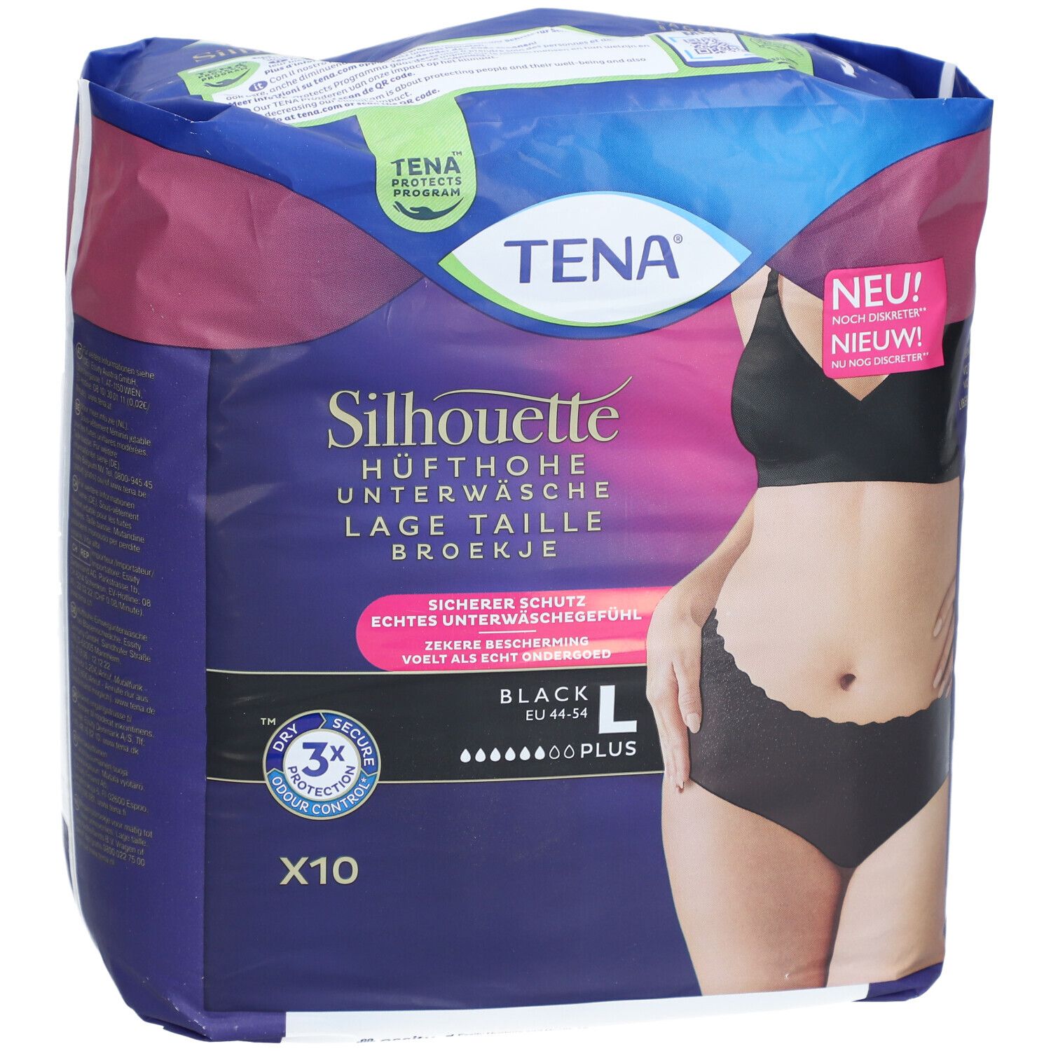 Verpackung von TENA Silhouette Plus Black L. Schwarze Unterwäsche, Größe L, 10 Stück. Mit Illustration einer Frau.