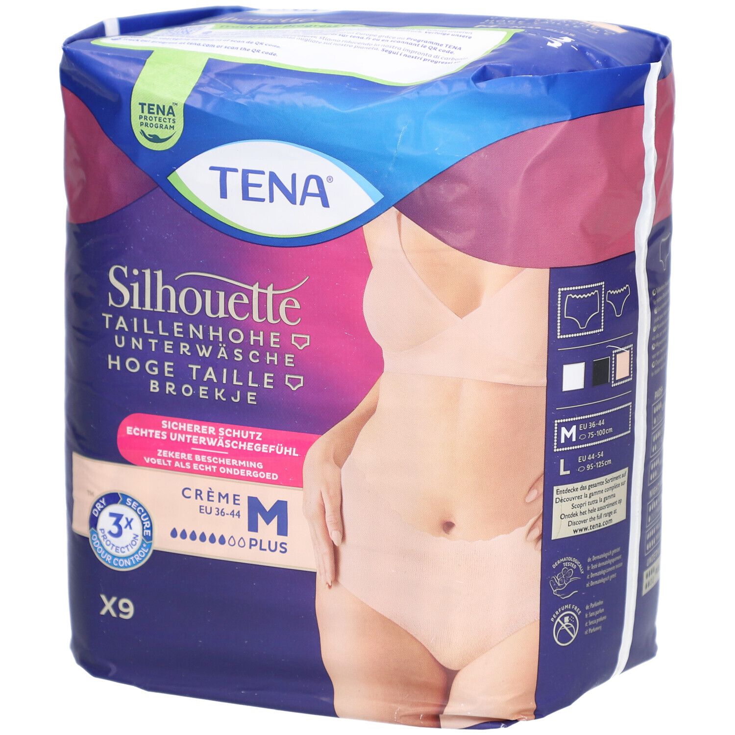 Verpackung TENA Silhouette Taillenhohe Unterwäsche Crème M Plus. Produktabbildung mit Model. Größe M, 9 Stück.