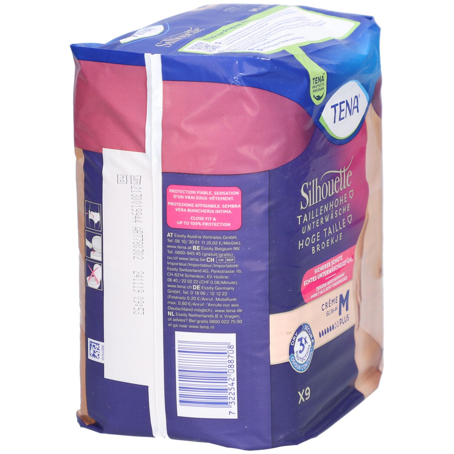 Rückseite der TENA Silhouette Taillenhohe Unterwäsche Crème M Plus Verpackung. Informationen und Barcode.