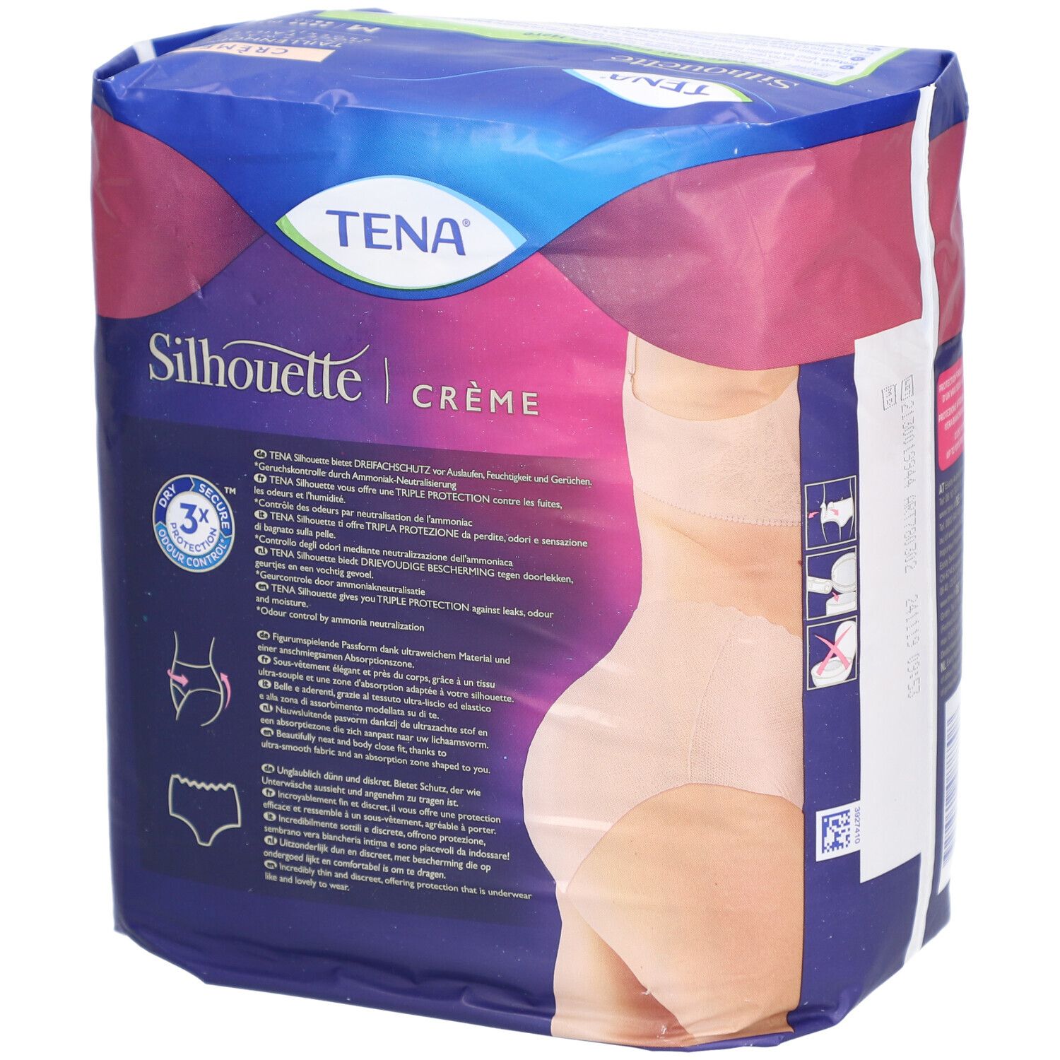 Rückseite der TENA Silhouette Taillenhohe Unterwäsche Crème M Plus Verpackung. Produktinformationen und Illustrationen.