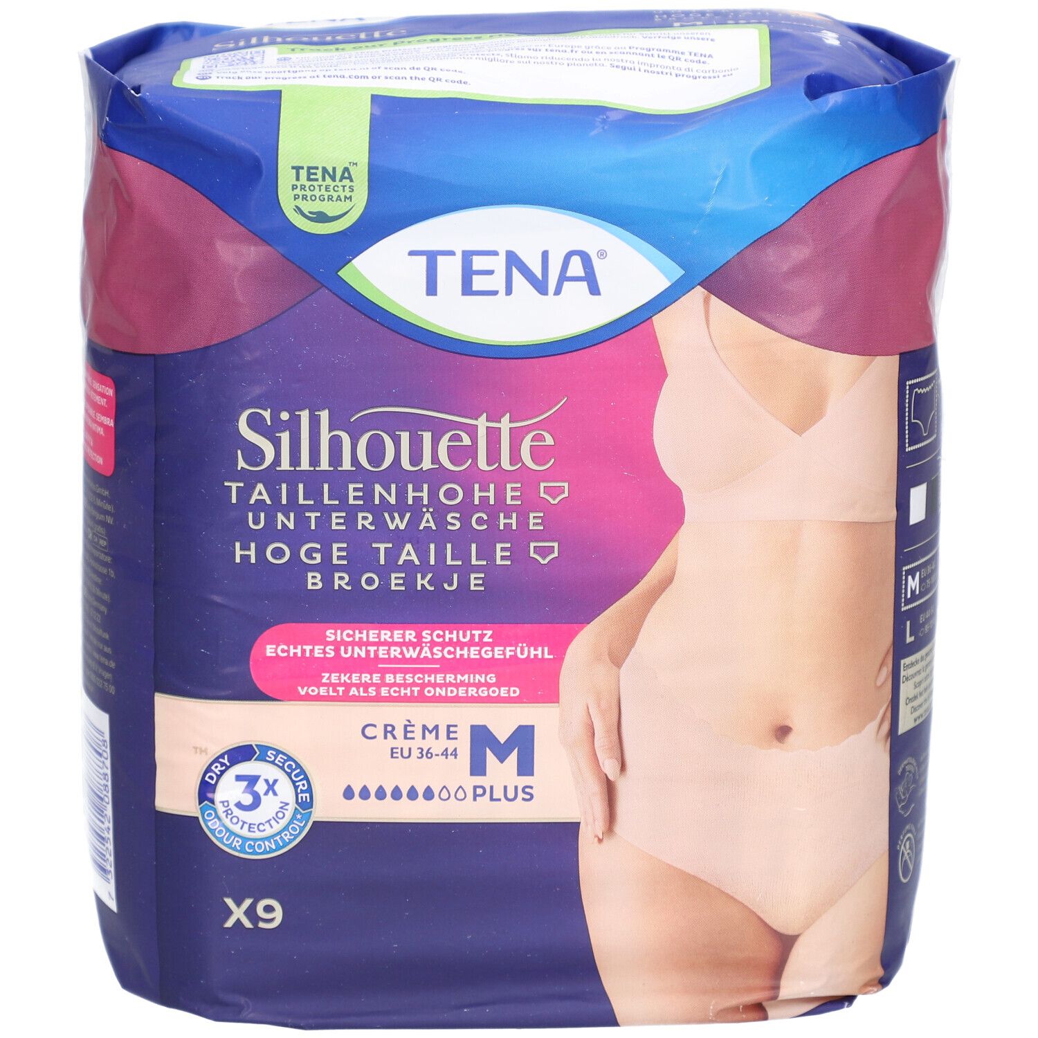TENA Silhouette Taillenhohe Unterwäsche Crème M Plus Verpackung. Produktabbildung mit Model. Größe M, 9 Stück.