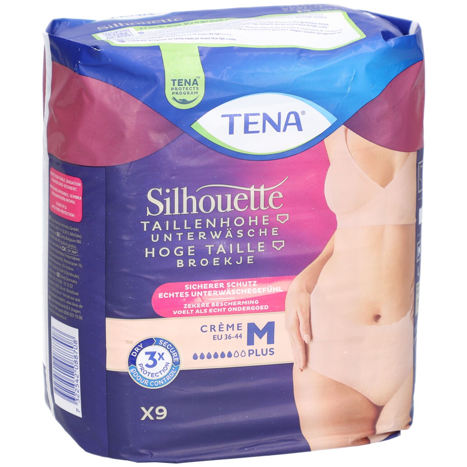 TENA Silhouette Taillenhohe Unterwäsche Crème M Plus Verpackung. Produktabbildung mit Model. Größe M, 9 Stück.