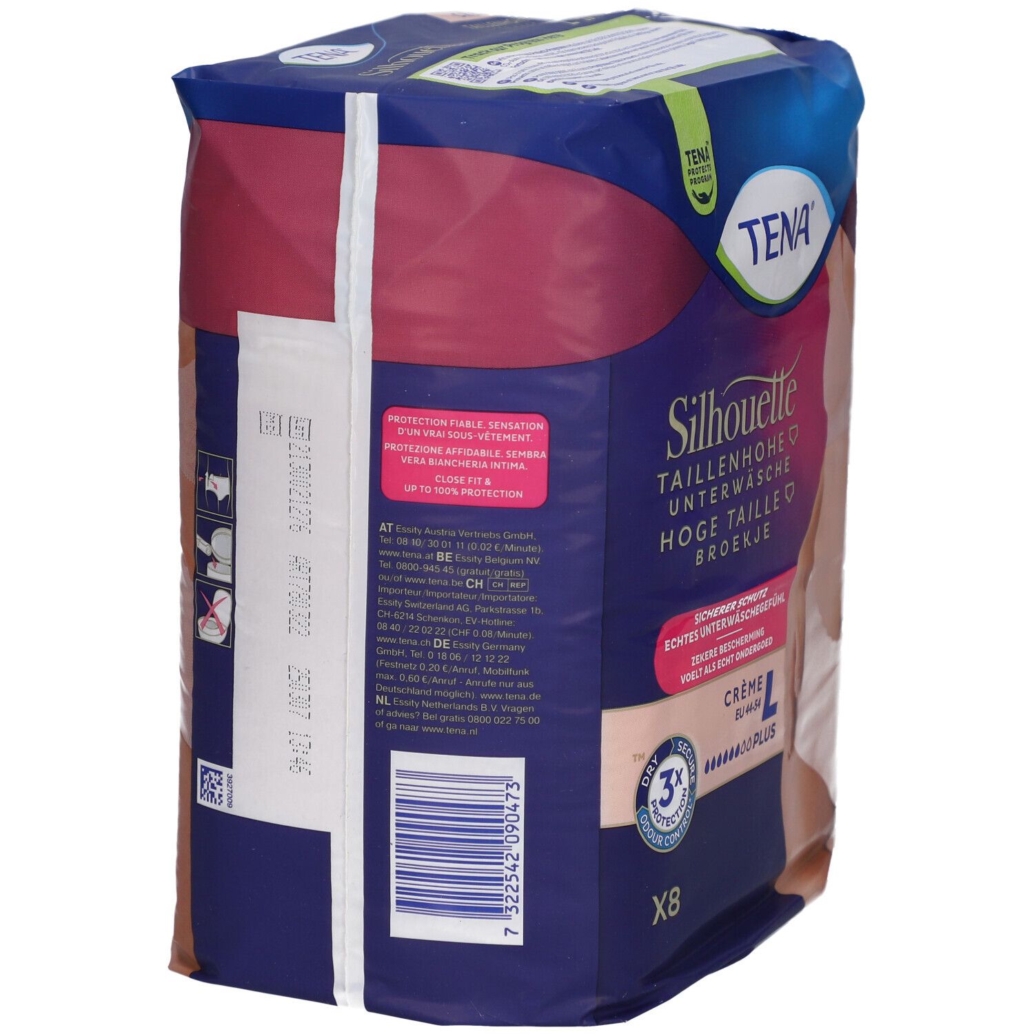 Rückseite der TENA Silhouette Plus Verpackung. Produktinformationen, Barcode und Größenangaben.