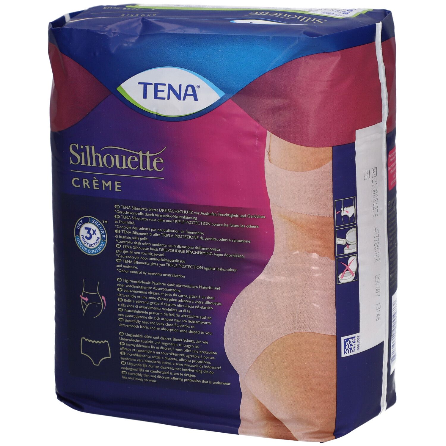 TENA Silhouette Crème Verpackung. Produktabbildung, Größenangaben und Produktbezeichnungen.