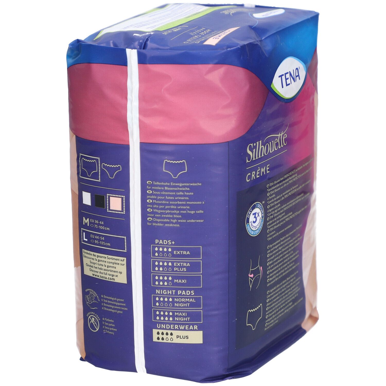 TENA Silhouette Crème Verpackung. Größenangaben, Produktbezeichnungen und Produktabbildung.