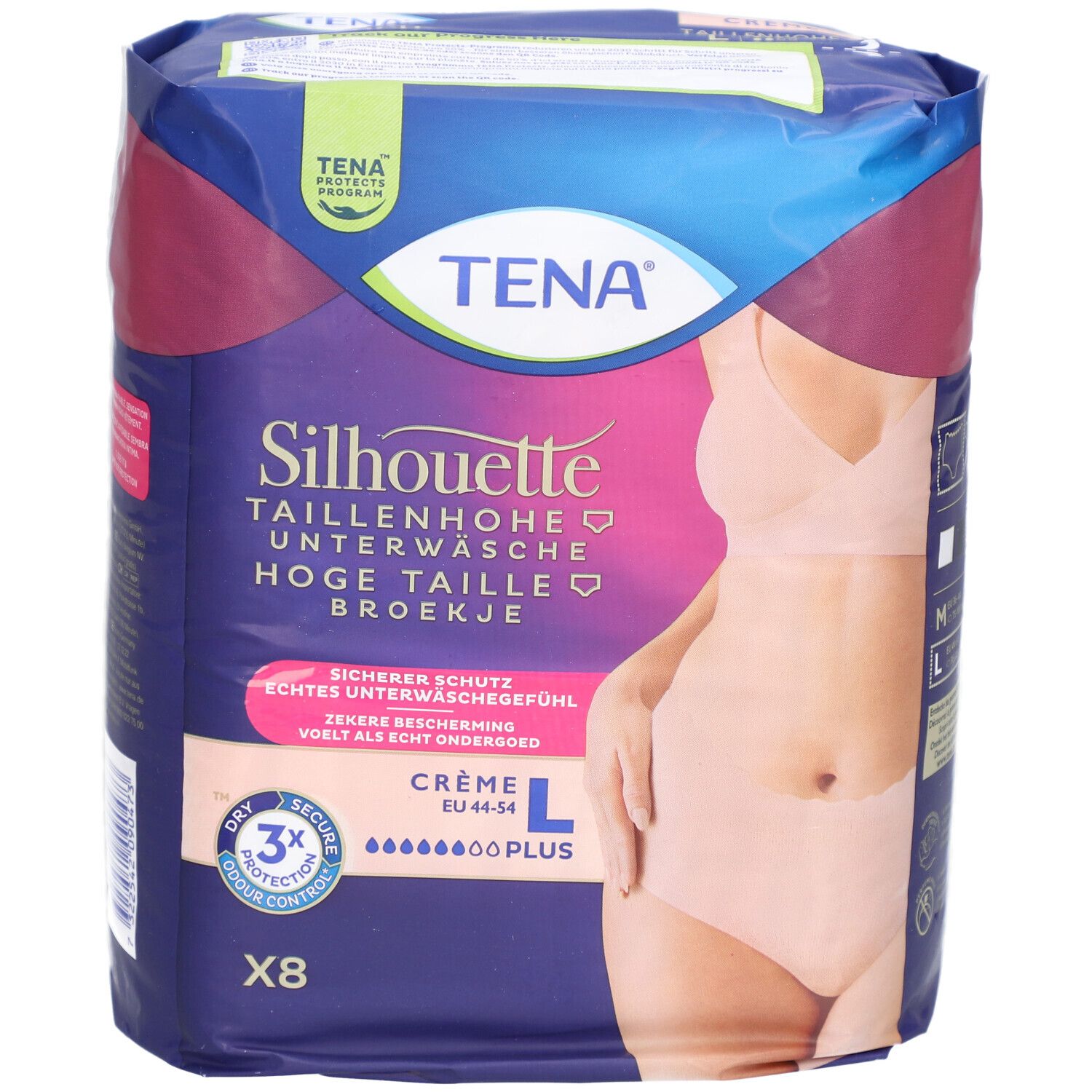 TENA Silhouette Plus Inkontinenzunterwäsche, Größe L, Crème. Verpackung mit 8 Stück. Sichtbare Produktabbildung.