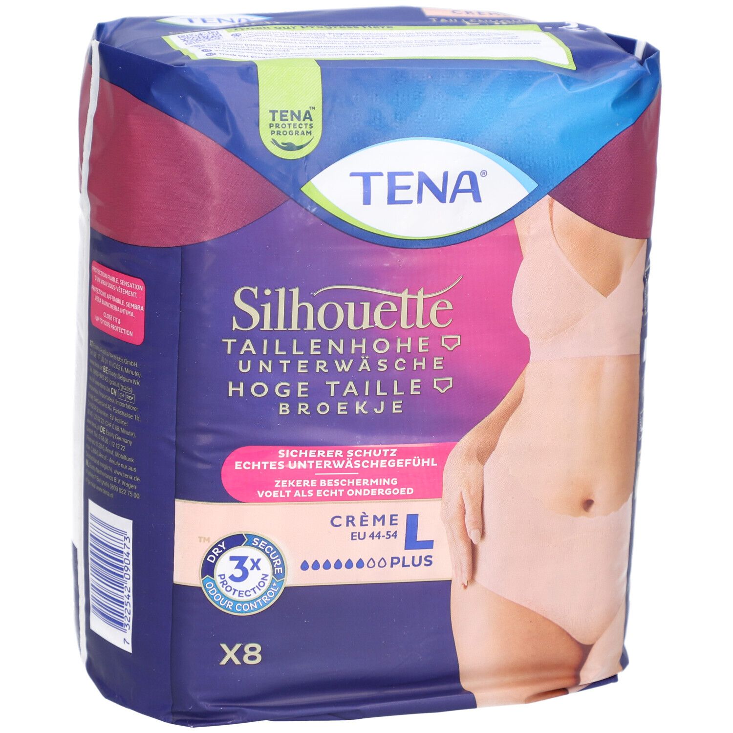 TENA Silhouette Plus Inkontinenzunterwäsche, Größe L, Crème. Verpackung mit 8 Stück. Sichtbare Produktabbildung.