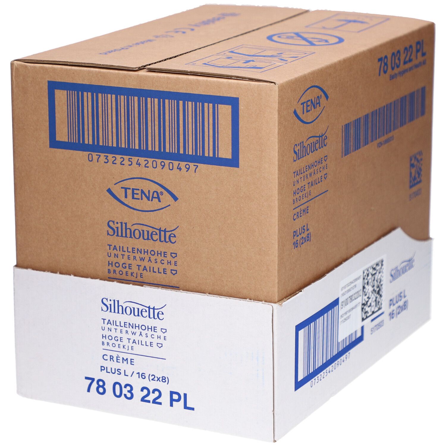 Karton mit TENA Silhouette Plus Inkontinenzunterwäsche. Größe L, Crème. Verpackung mit Barcodes und Produktinformationen.