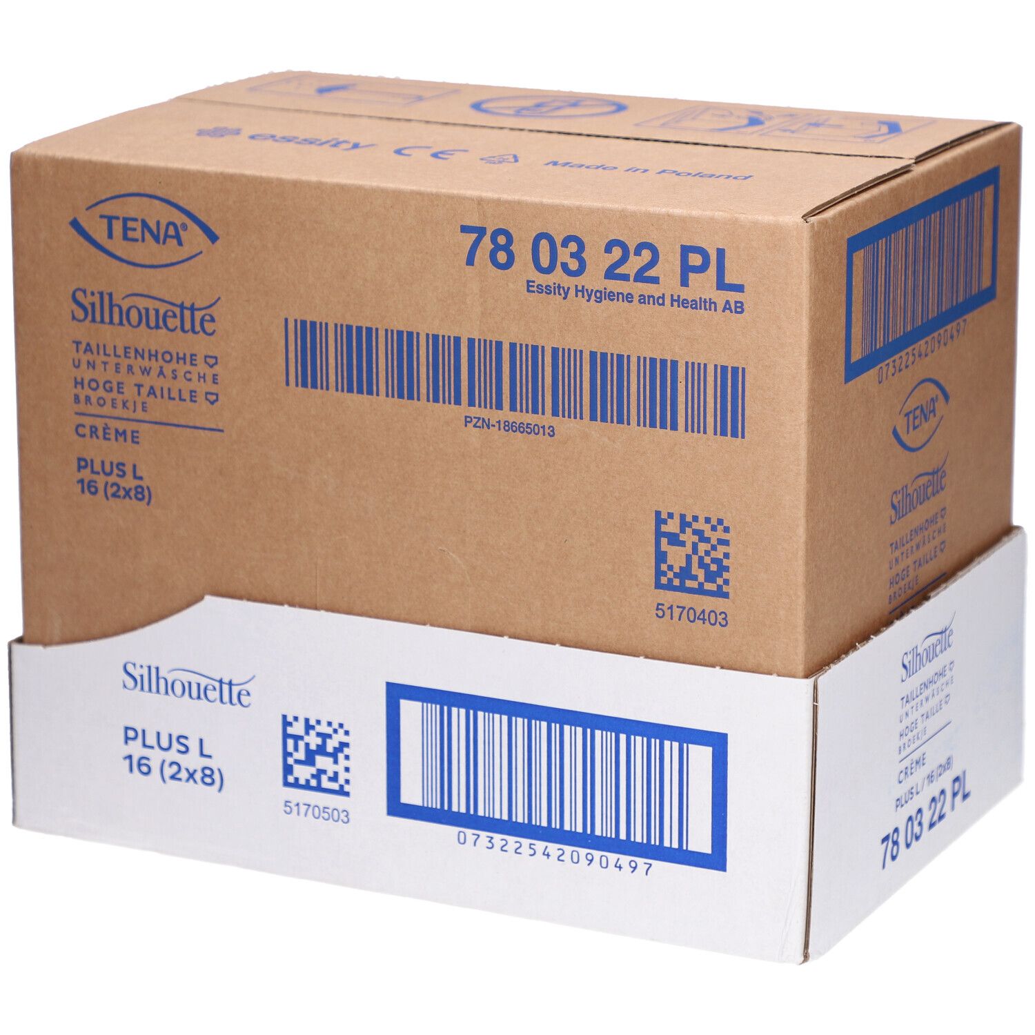Karton mit TENA Silhouette Plus Inkontinenzunterwäsche. Größe L, Crème. Barcodes und Produktinformationen.