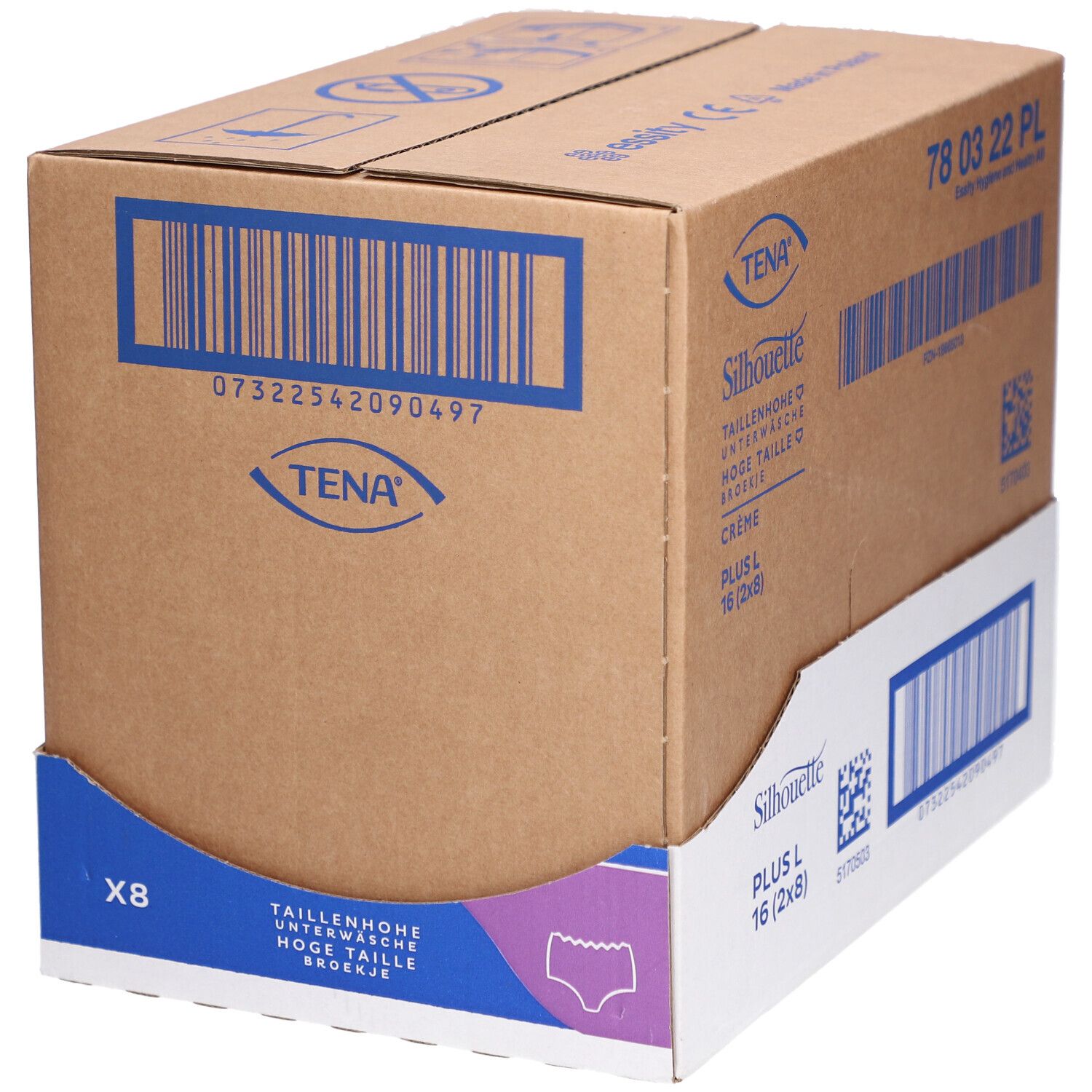 Karton mit TENA Silhouette Plus Inkontinenzunterwäsche. Größe L, Crème. Verpackung mit Produktinformationen und Barcodes.