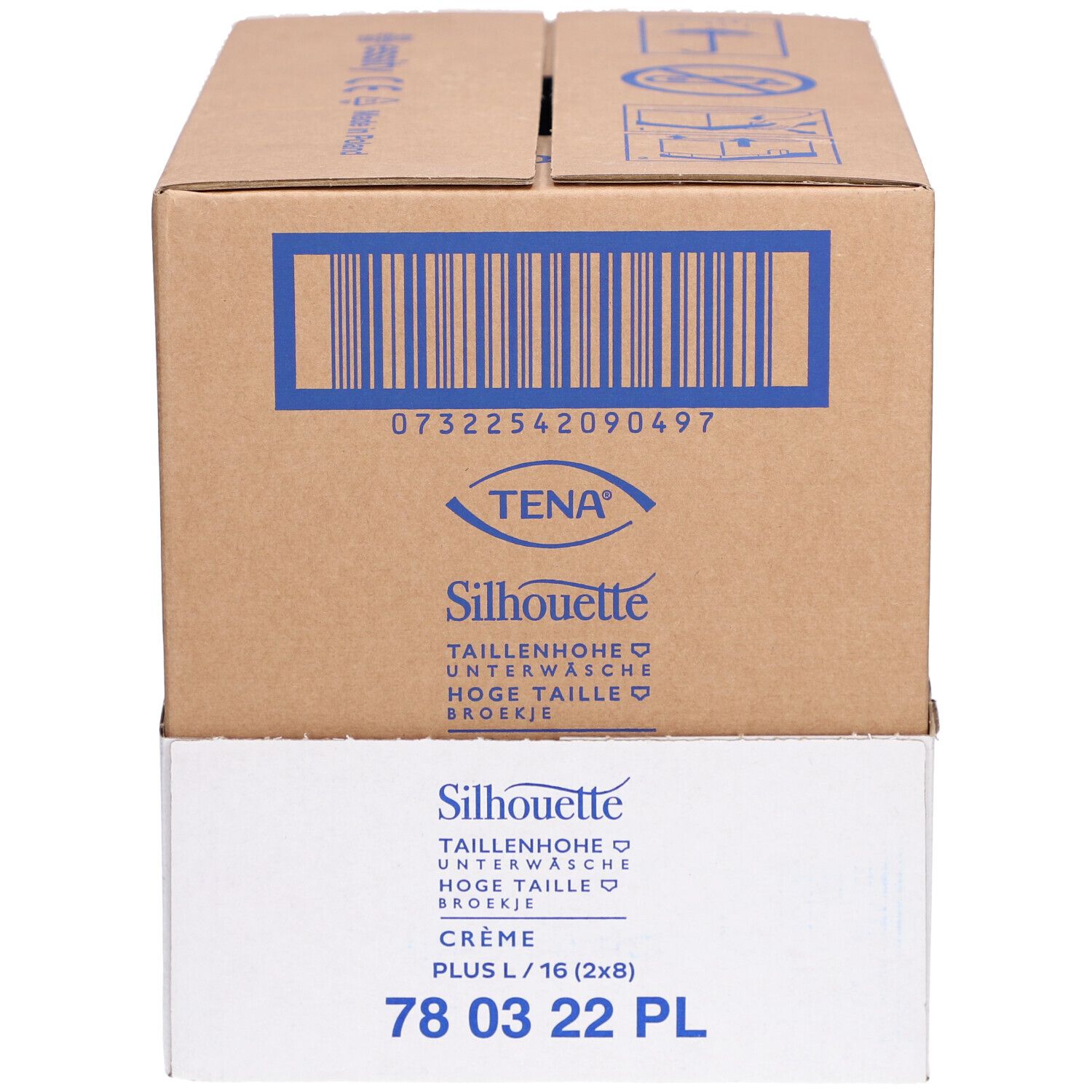 Karton mit TENA Silhouette Plus Inkontinenzunterwäsche. Größe L, Crème. Verpackung mit Produktinformationen.