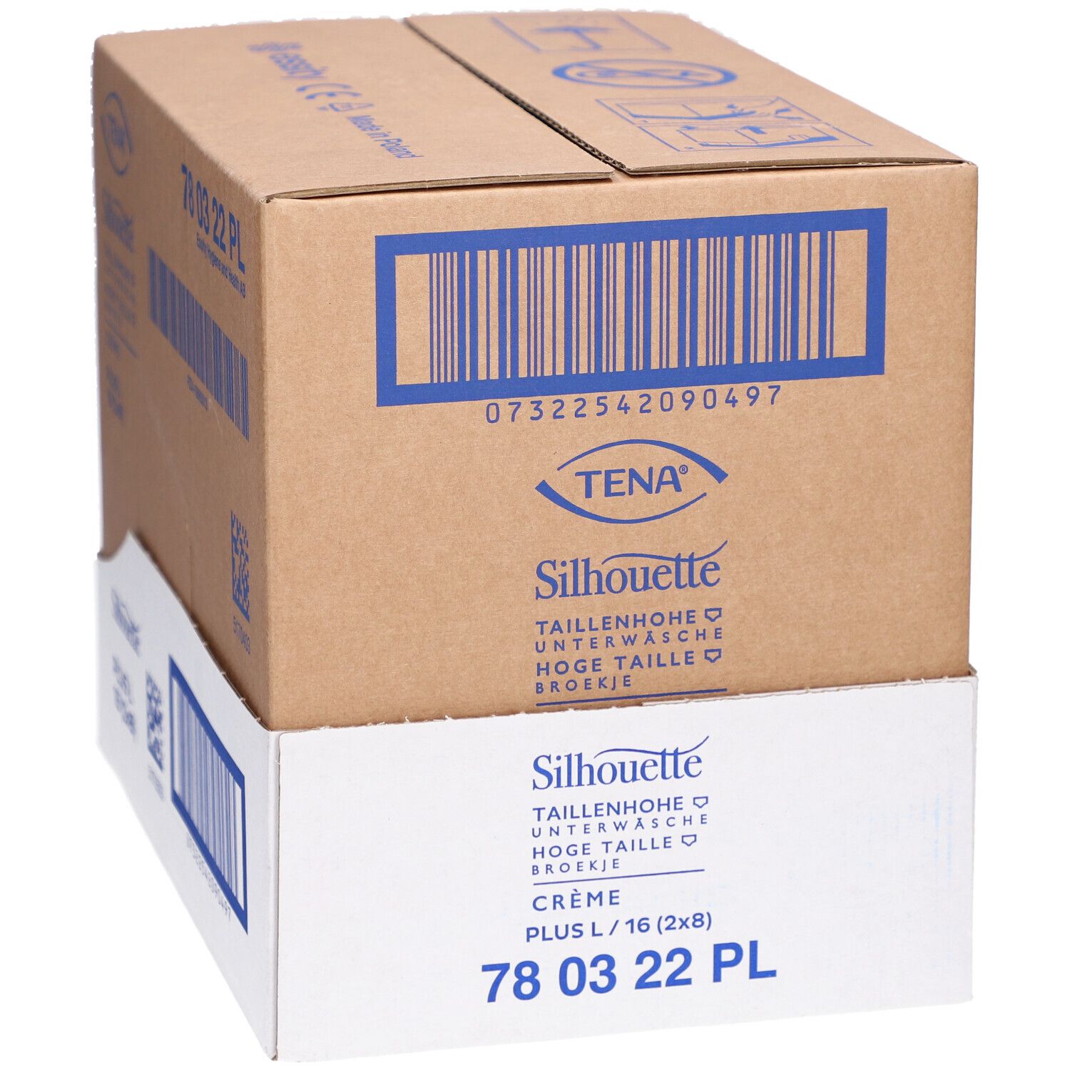 Karton mit TENA Silhouette Plus Inkontinenzunterwäsche. Größe L, Crème. Verpackung mit Produktinformationen.