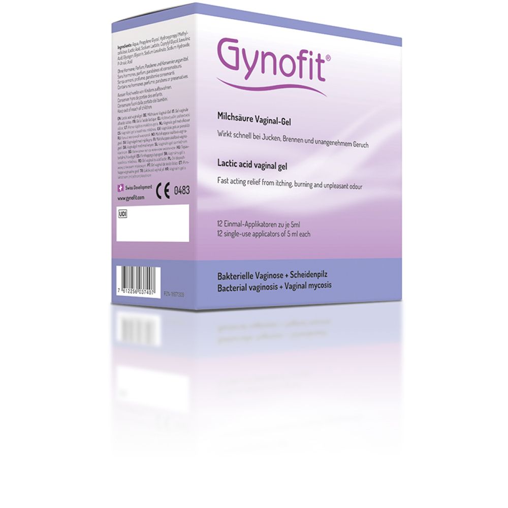 Karton von Gynofit Milchsäure Vaginal-Gel. Text: Lactic acid vaginal gel. CE-Kennzeichnung.