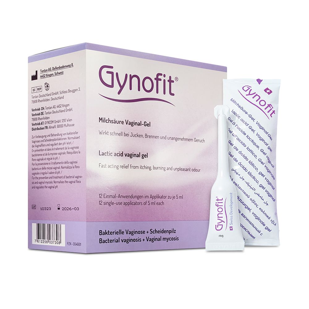 Gynofit Milchsäure Vaginal-Gel Packung mit Applikator. Text: Lactic acid vaginal gel. Einzelverpackung.