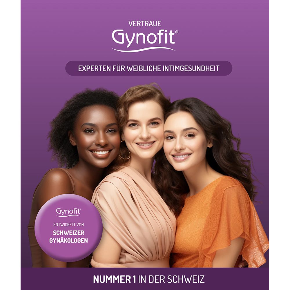 Drei Frauen lächeln. Text: Experten für weibliche Intimgesundheit. Gynofit-Logo und Text.