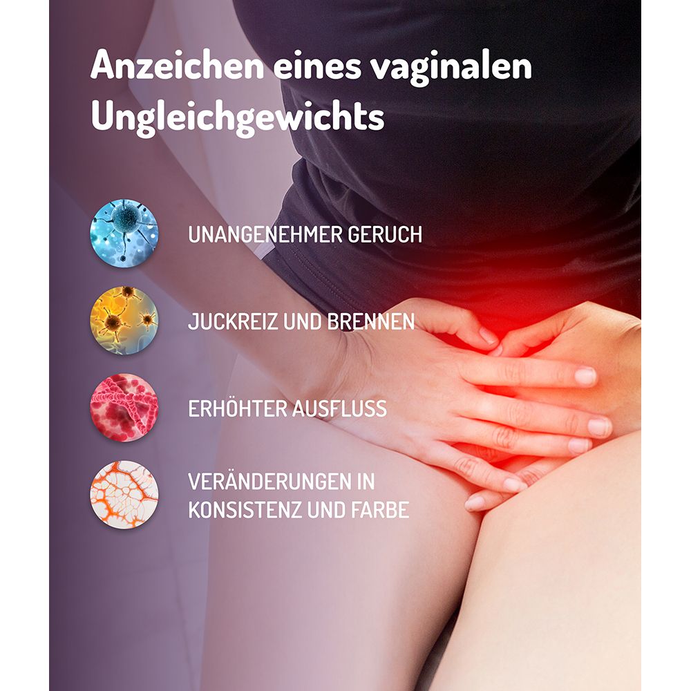Infografik: Anzeichen eines vaginalen Ungleichgewichts. Illustrationen von Symptomen.