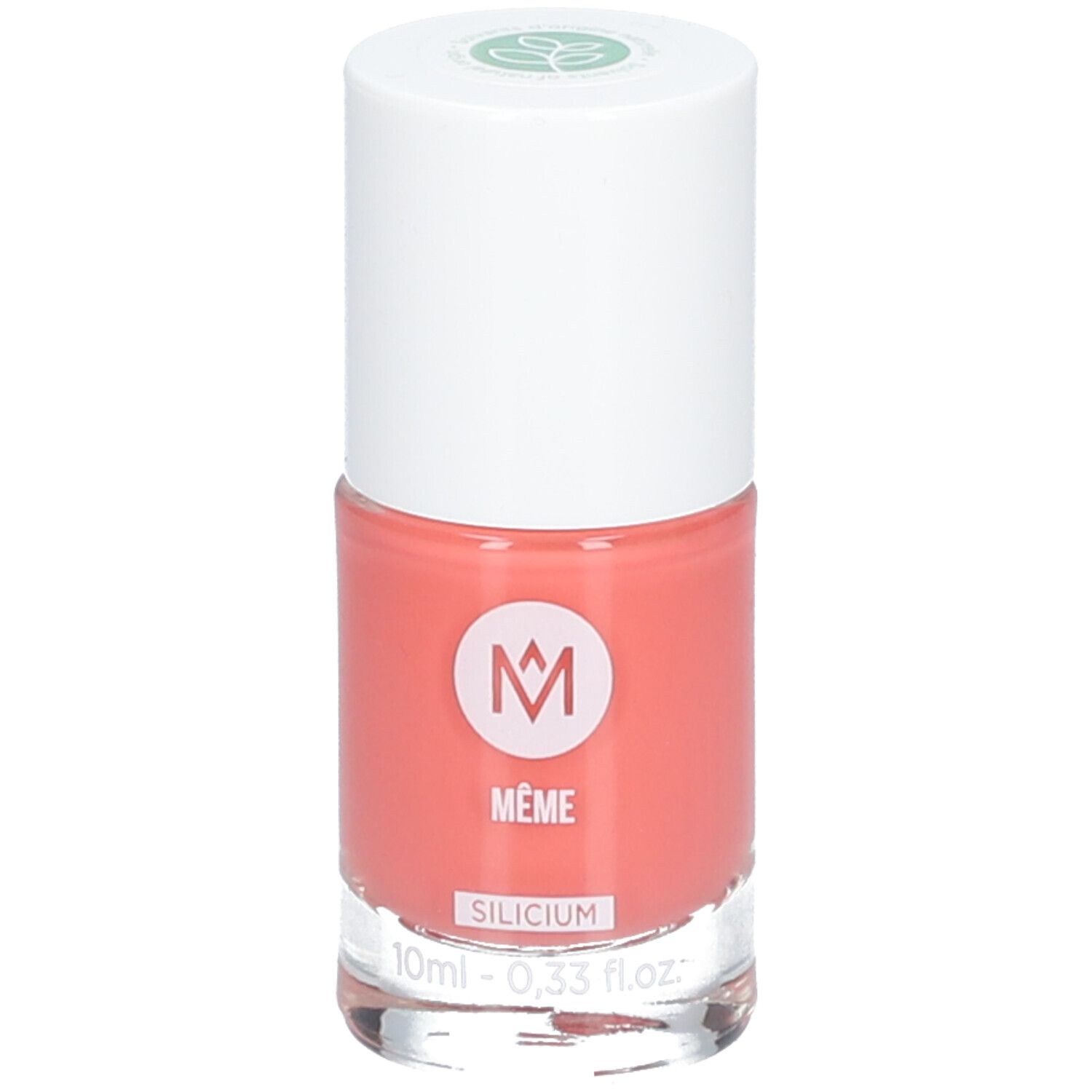 Nagellackflasche mit weißem Deckel. Rosa Nagellack. Aufschrift: MÊME, SILICIUM, 10ml - 0,33 fl.oz.