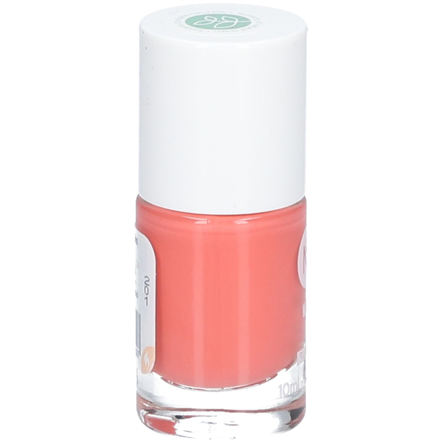Nagellackflasche mit weißem Deckel. Rosa Nagellack. Aufschrift: 201, 10ml. Aufkleber mit Inhaltsstoffen.