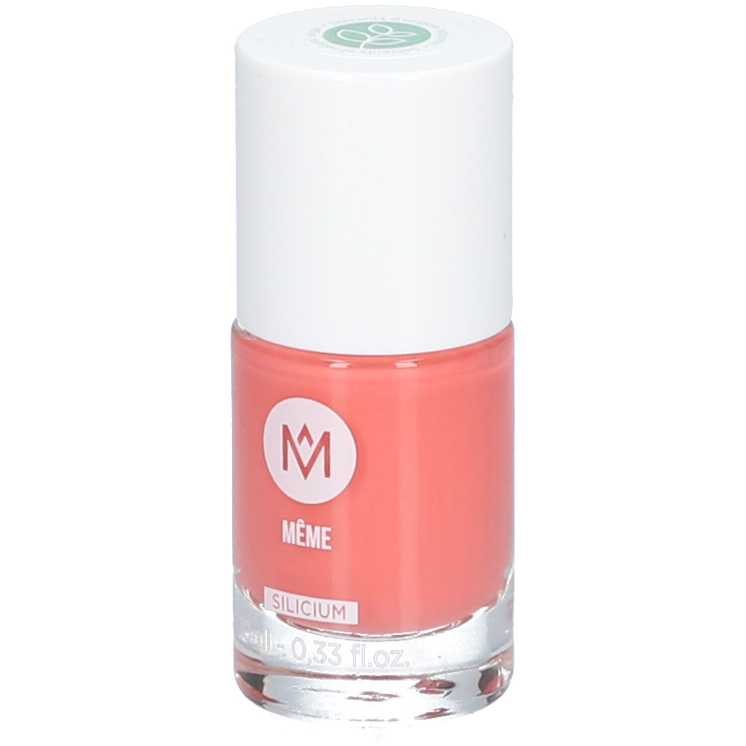 Nagellackflasche mit weißem Deckel. Rosa Nagellack. Aufschrift: MÊME, SILICIUM, 10ml - 0,33 fl.oz.