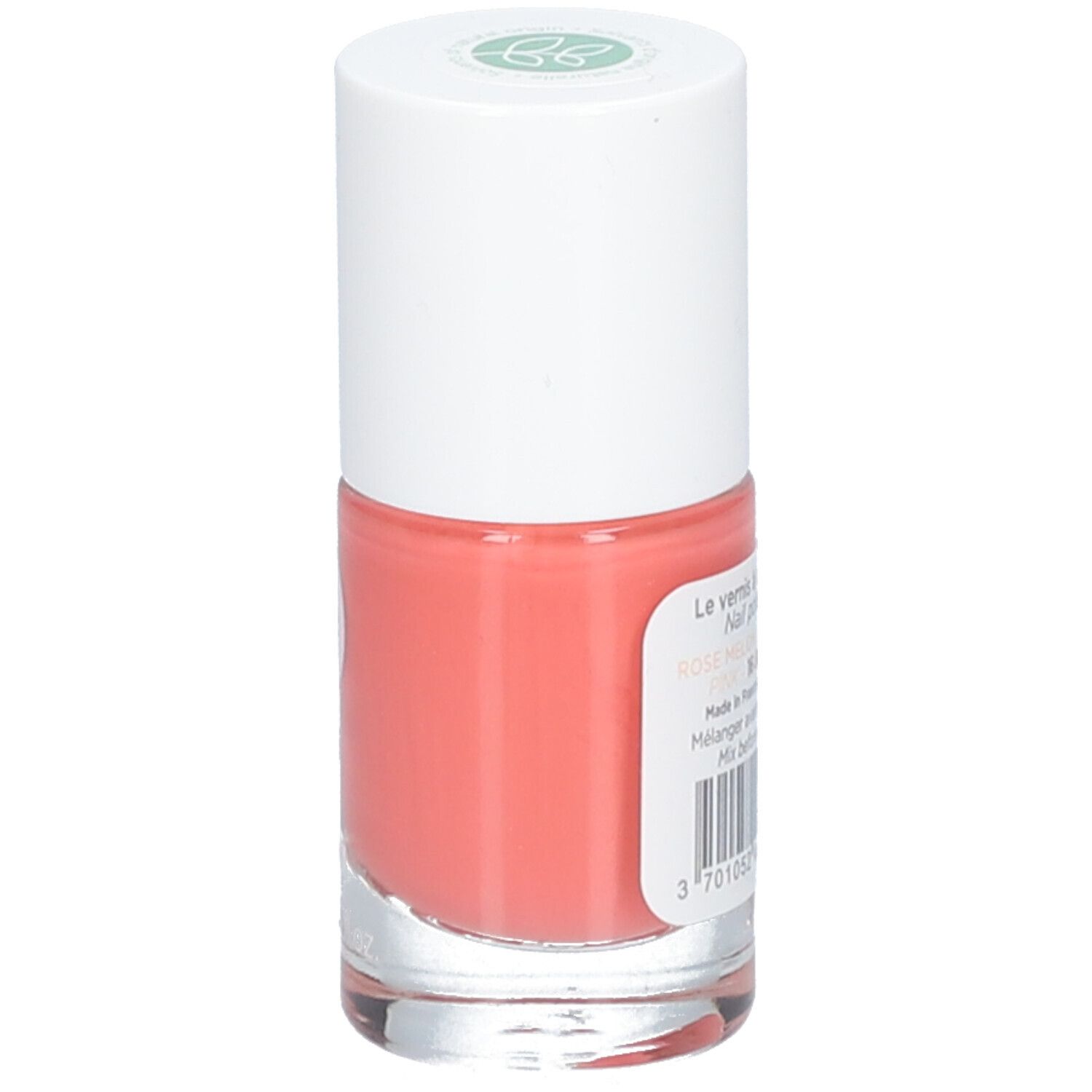Nagellackflasche mit weißem Deckel. Rosa Nagellack. Aufkleber mit Text und Barcode.