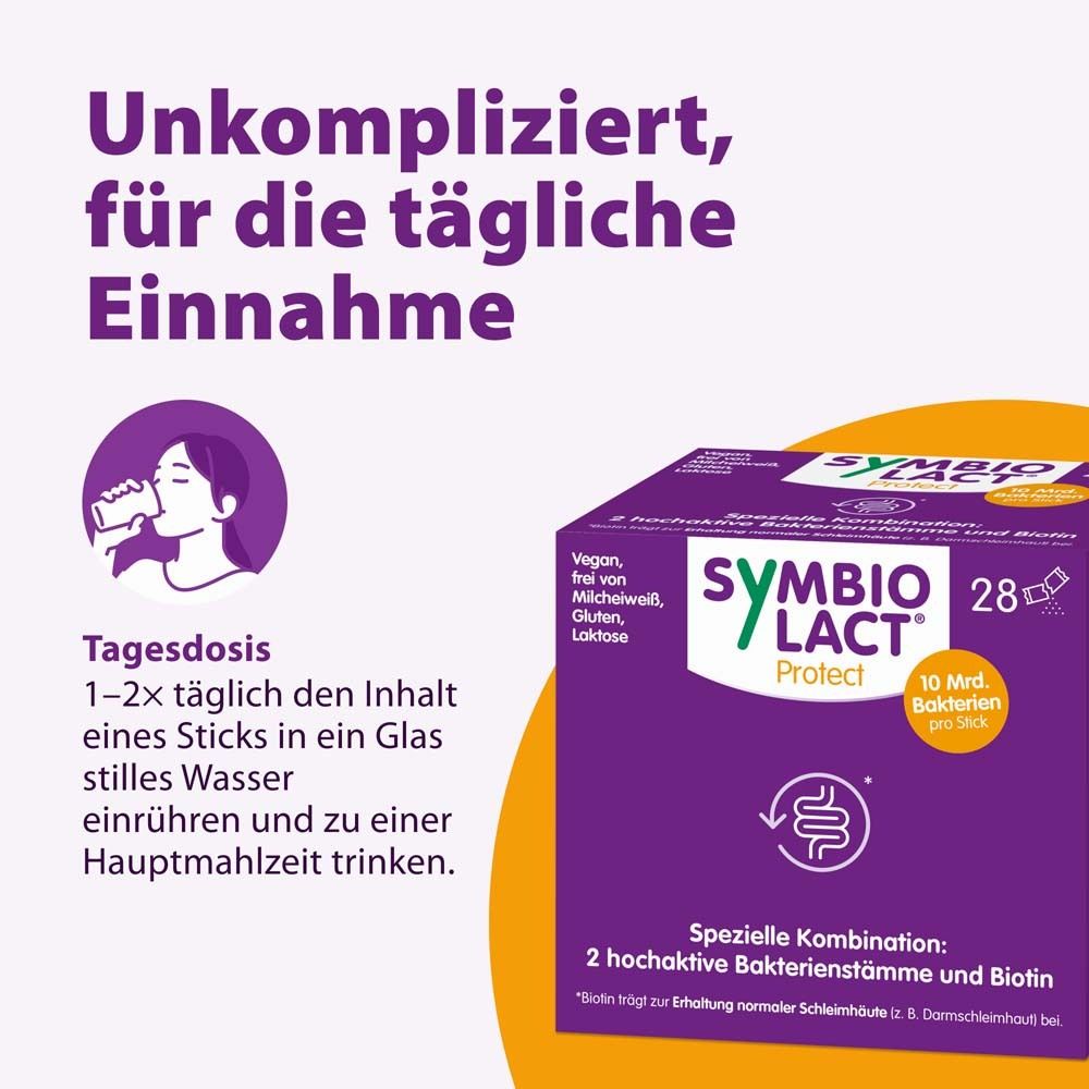 Box SymbioLact Protect. 28 Sticks. Text: Unkompliziert, für die tägliche Einnahme. Tagesdosis: 1-2x täglich in Wasser einrühren.