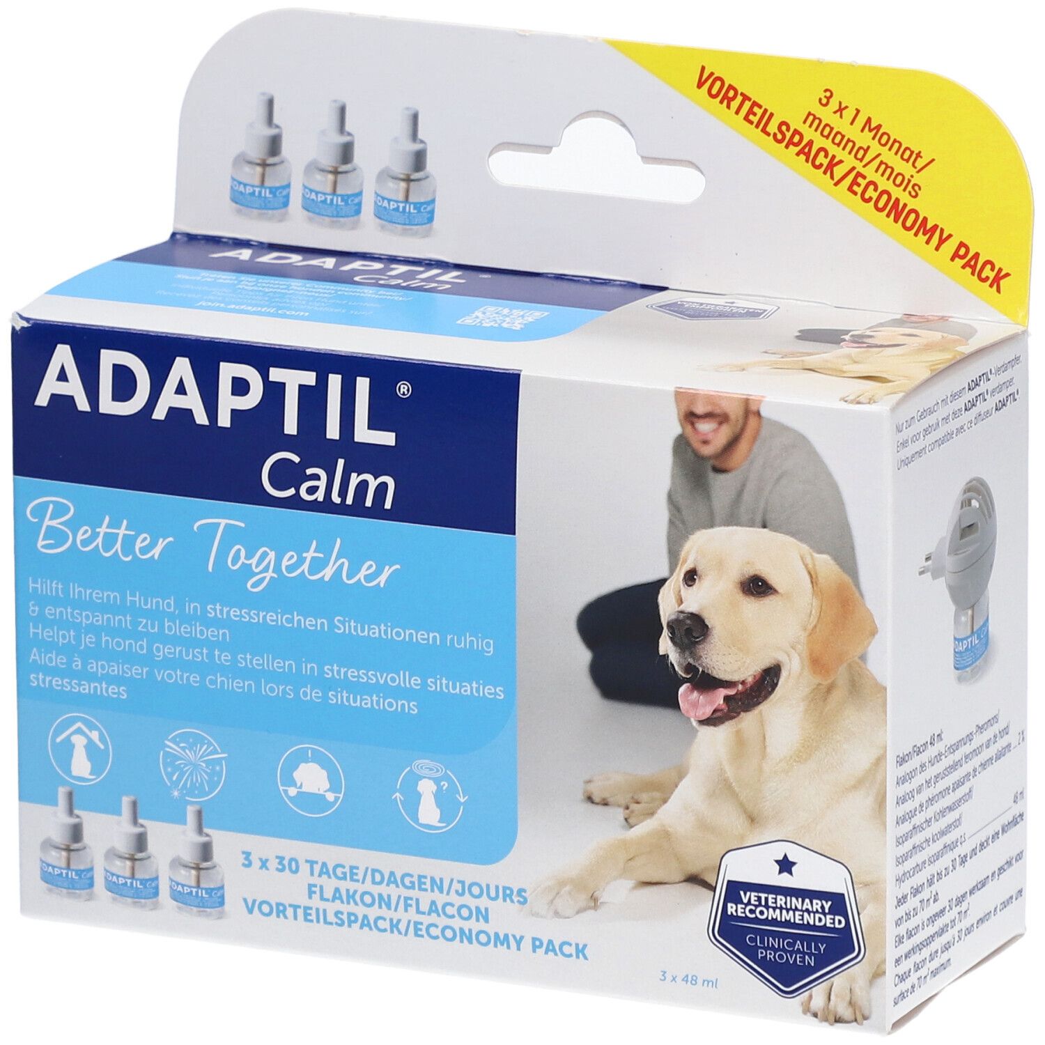 Verpackung mit ADAPTIL Calm Nachfüllflakons. Enthält 3 Flakons. Aufdruck: "Better Together". Mit Hund und Mann.