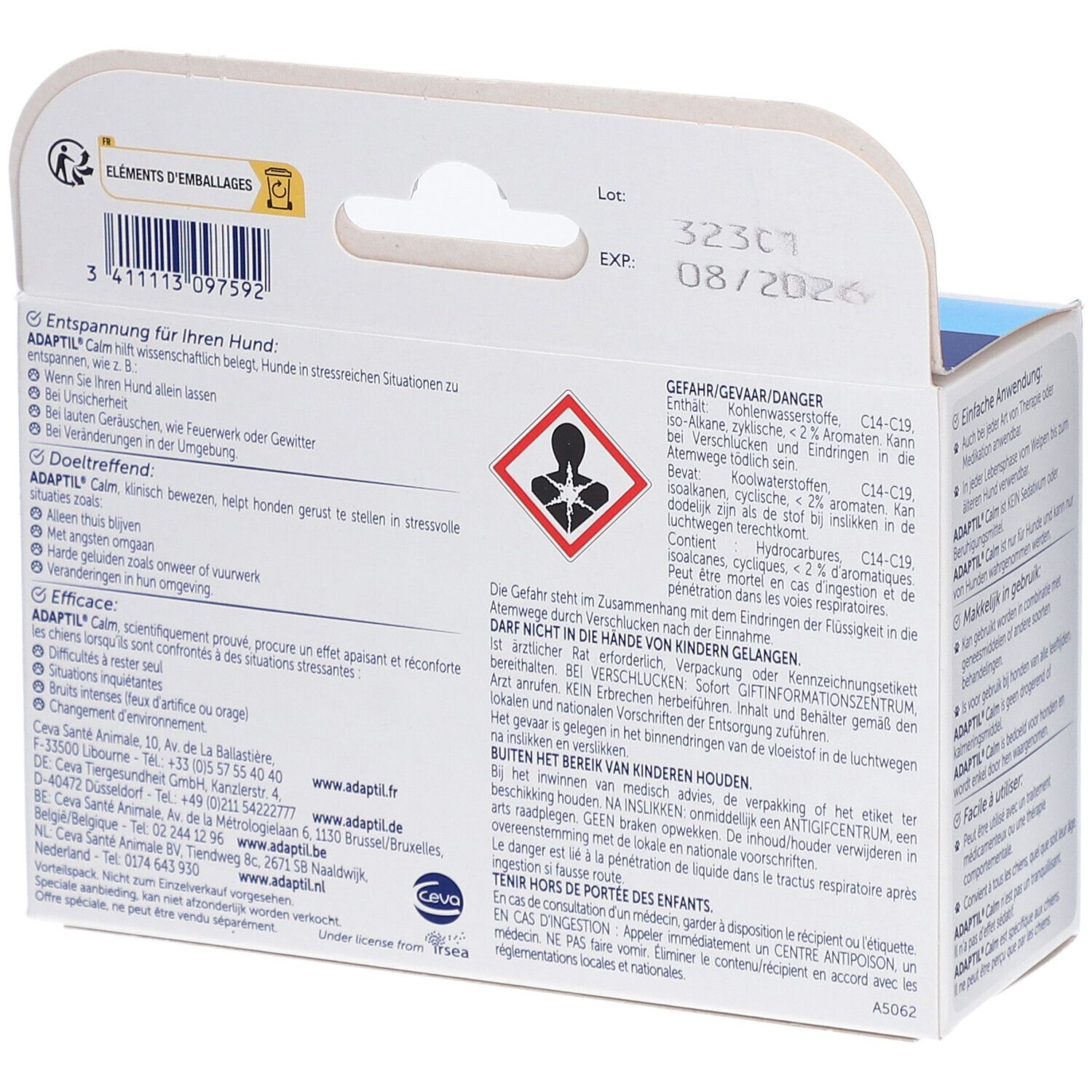 Rückseite der ADAPTIL Calm Verpackung. Text: "Entspannung für Ihren Hund". Gefahrenhinweis und Ablaufdatum.
