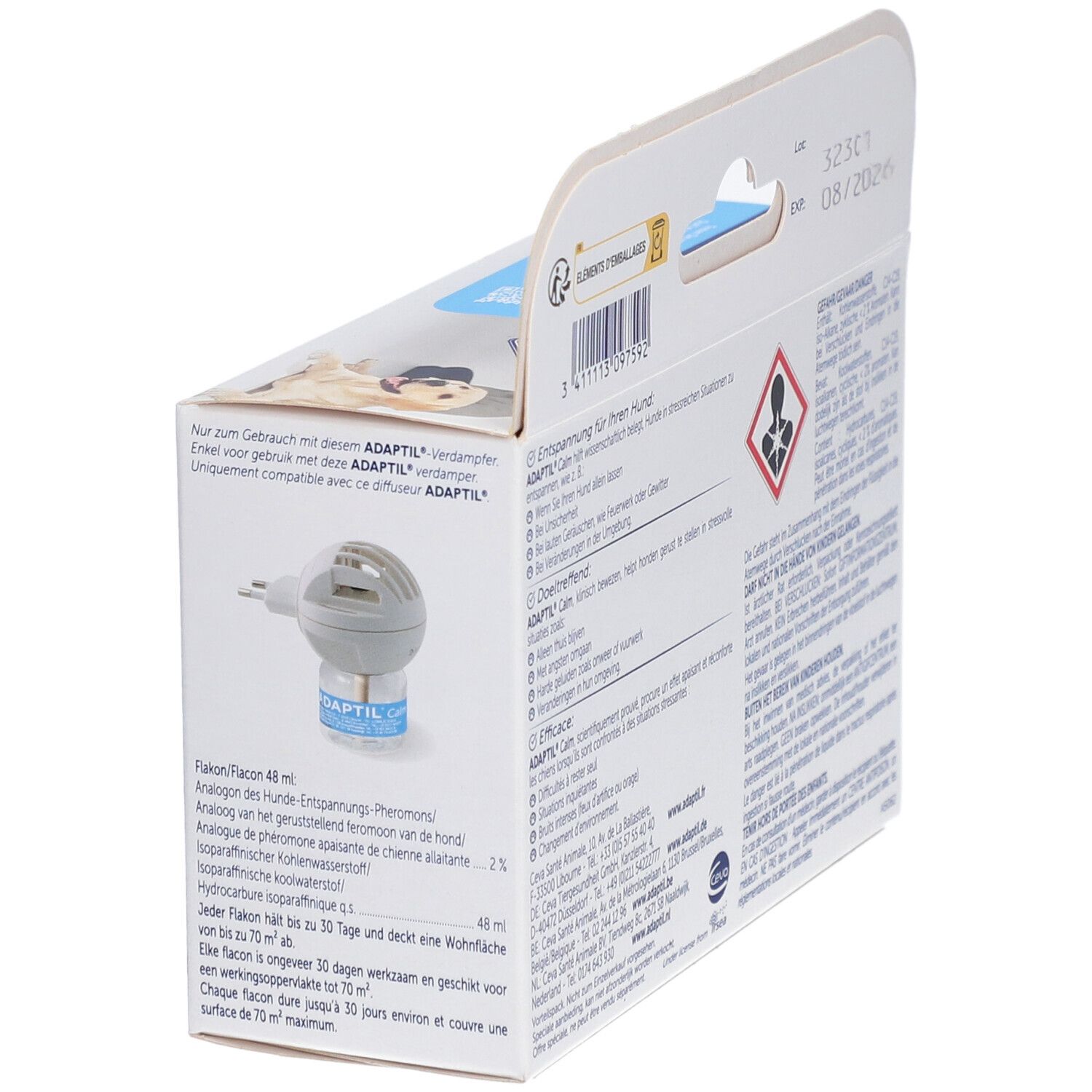 Verpackung mit ADAPTIL Calm. Enthält einen Flakon und einen Stecker. Text: "Flakon/Flacon 48 ml".