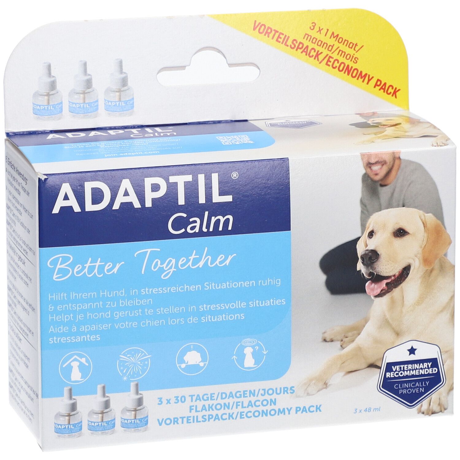 Verpackung mit ADAPTIL Calm Nachfüllflakons. Enthält 3 Flakons. Aufdruck: "Better Together". Mit Hund und Mann.