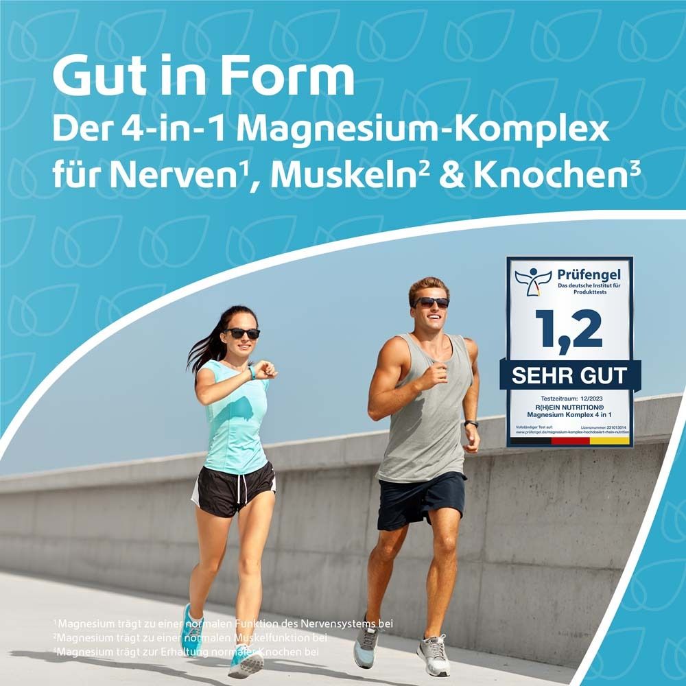 Zwei Personen joggen. Im Hintergrund ein Zertifikat mit der Aufschrift "Sehr Gut". Text: Der 4-in-1 Magnesium-Komplex für Nerven, Muskeln & Knochen.