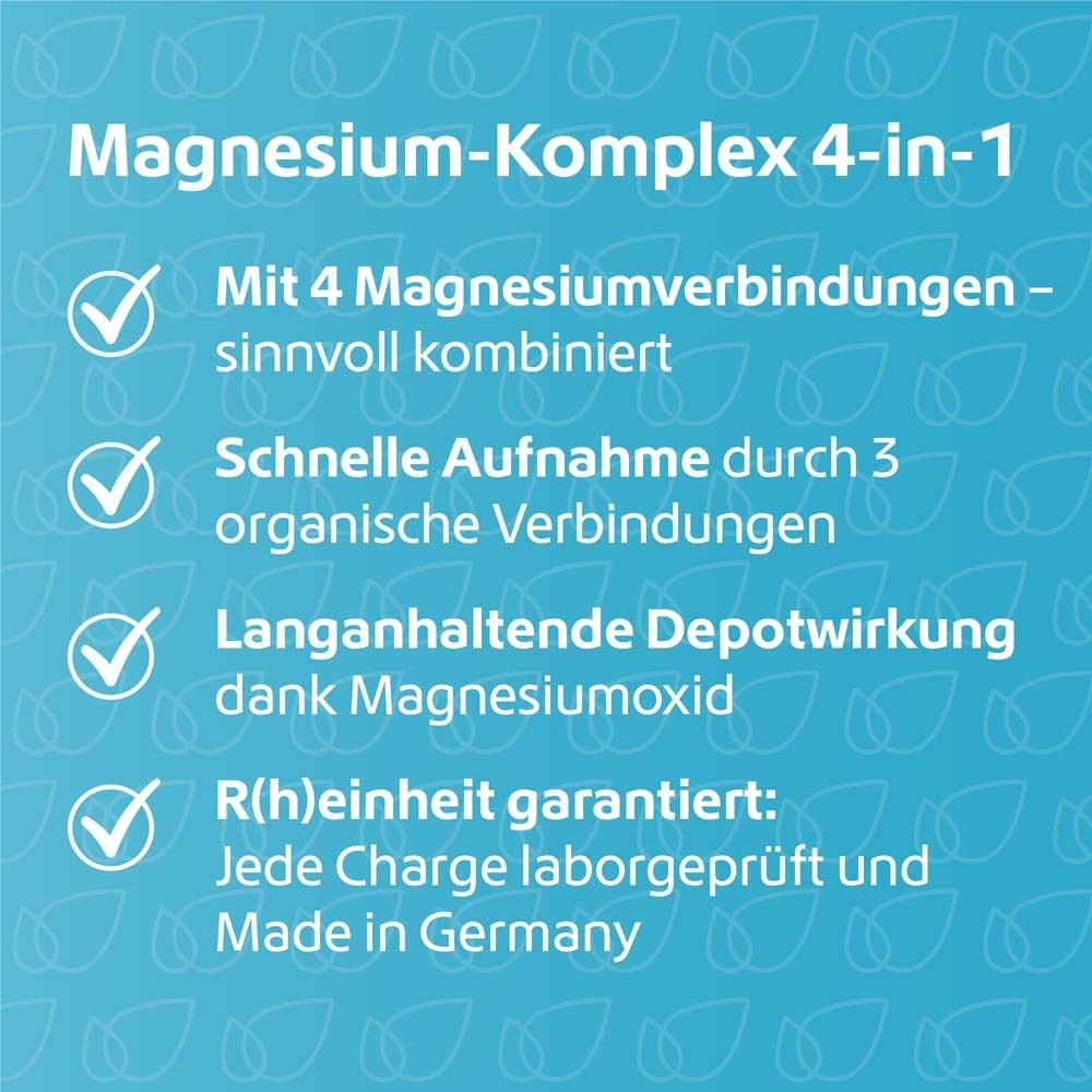 Text auf blauem Hintergrund. Text: Magnesium-Komplex 4-in-1. Mit 4 Magnesiumverbindungen. Schnelle Aufnahme. Depotwirkung. R(h)einheit garantiert.