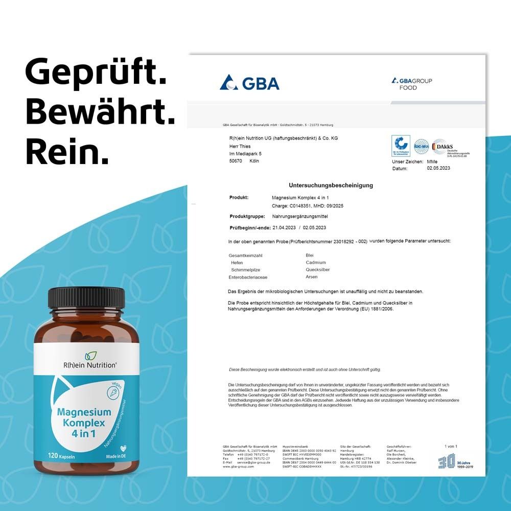 Braune Flasche mit schwarzen Deckel und Etikett. Zertifikat mit Text: Geprüft. Bewährt. Rein. GBA-Zertifizierung.