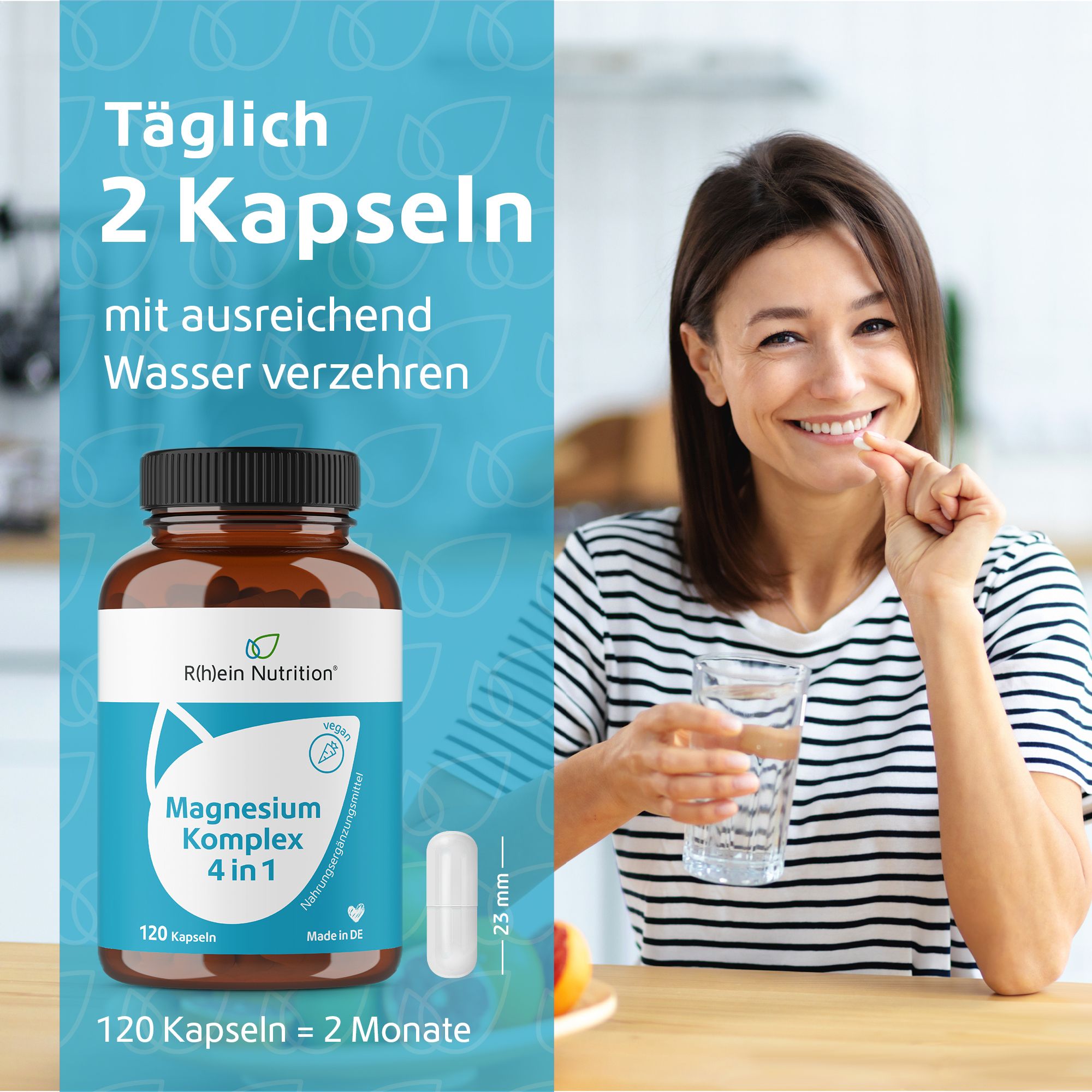 Frau nimmt Kapsel ein. Flasche mit Produkt neben ihr. Text: Täglich 2 Kapseln mit ausreichend Wasser verzehren. 120 Kapseln = 2 Monate.