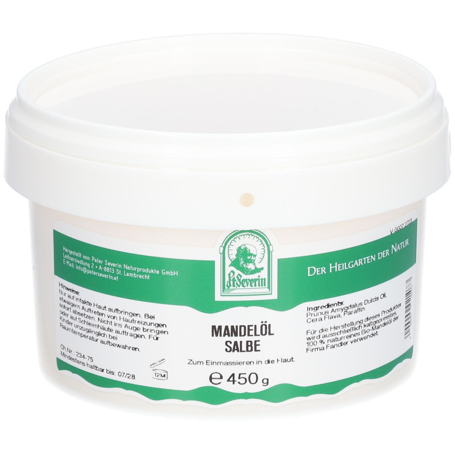 Weißer Eimer mit Deckel. Aufschrift: Mandelöl Salbe, e 450 g. Logo: P. Severin. Text in Grün.
