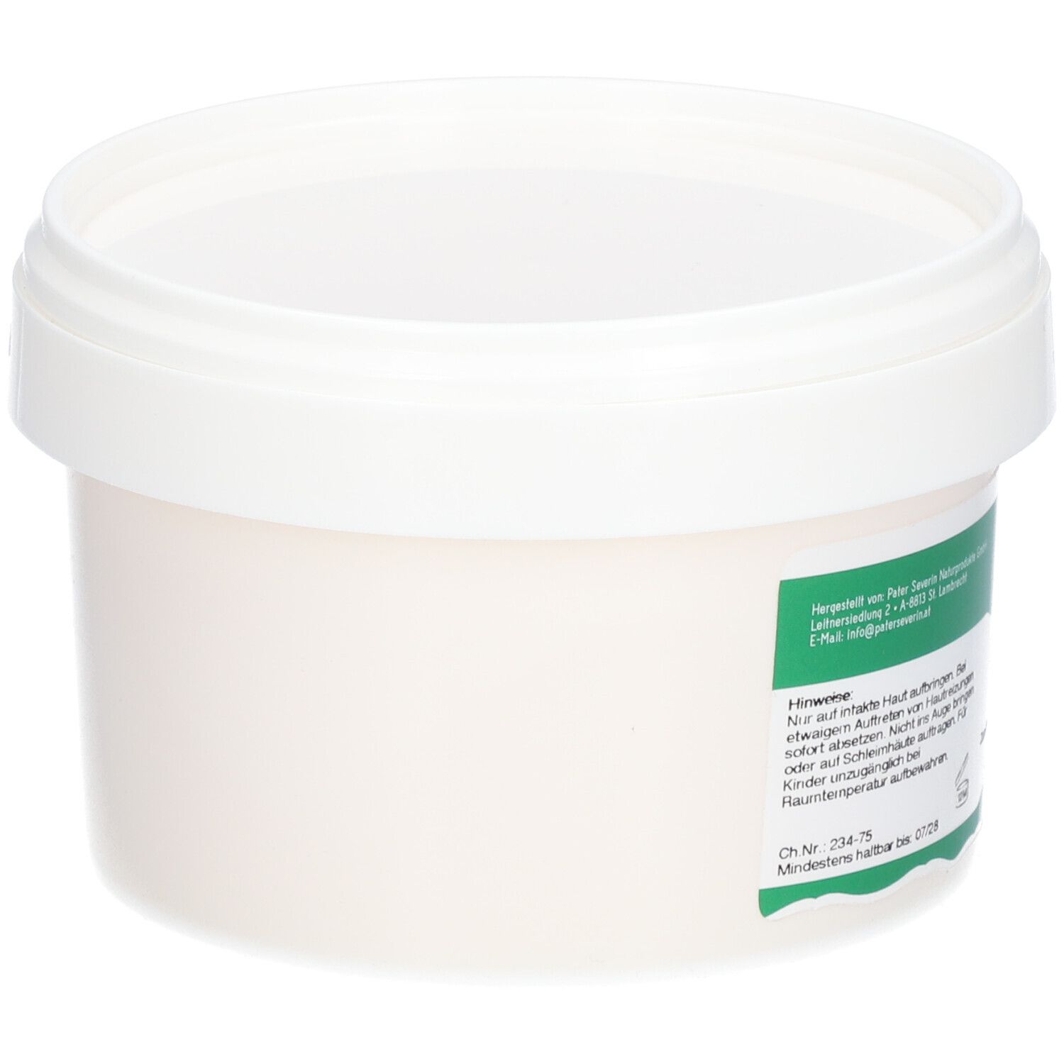 Weißer Eimer mit Deckel. Grüne Aufschrift mit Text. Logo: P. Severin. Text in Deutsch.