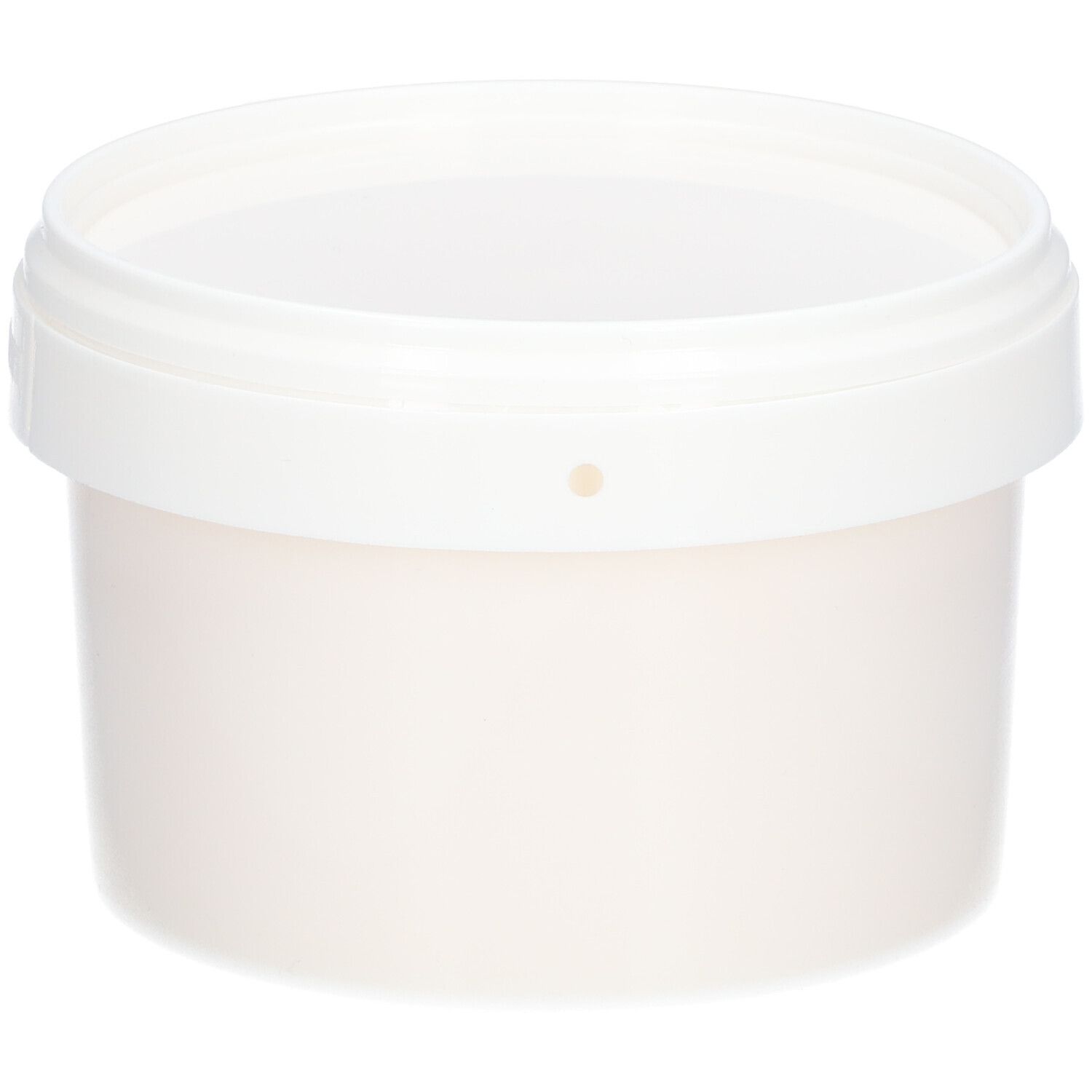 Weißer Eimer mit Deckel. Der Eimer ist leer.