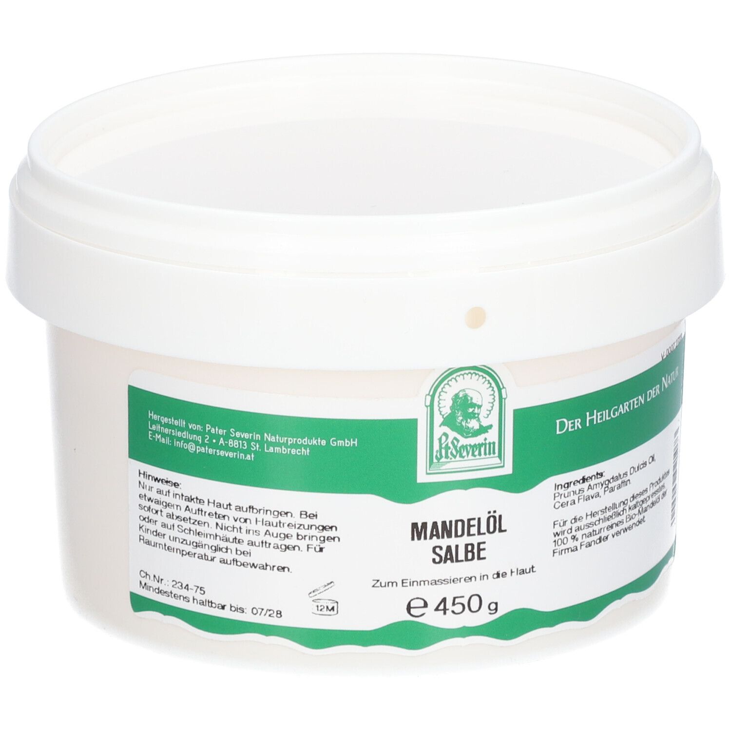 Weißer Eimer mit Deckel. Aufschrift: Mandelöl Salbe, e 450 g. Logo: P. Severin. Text in Grün.