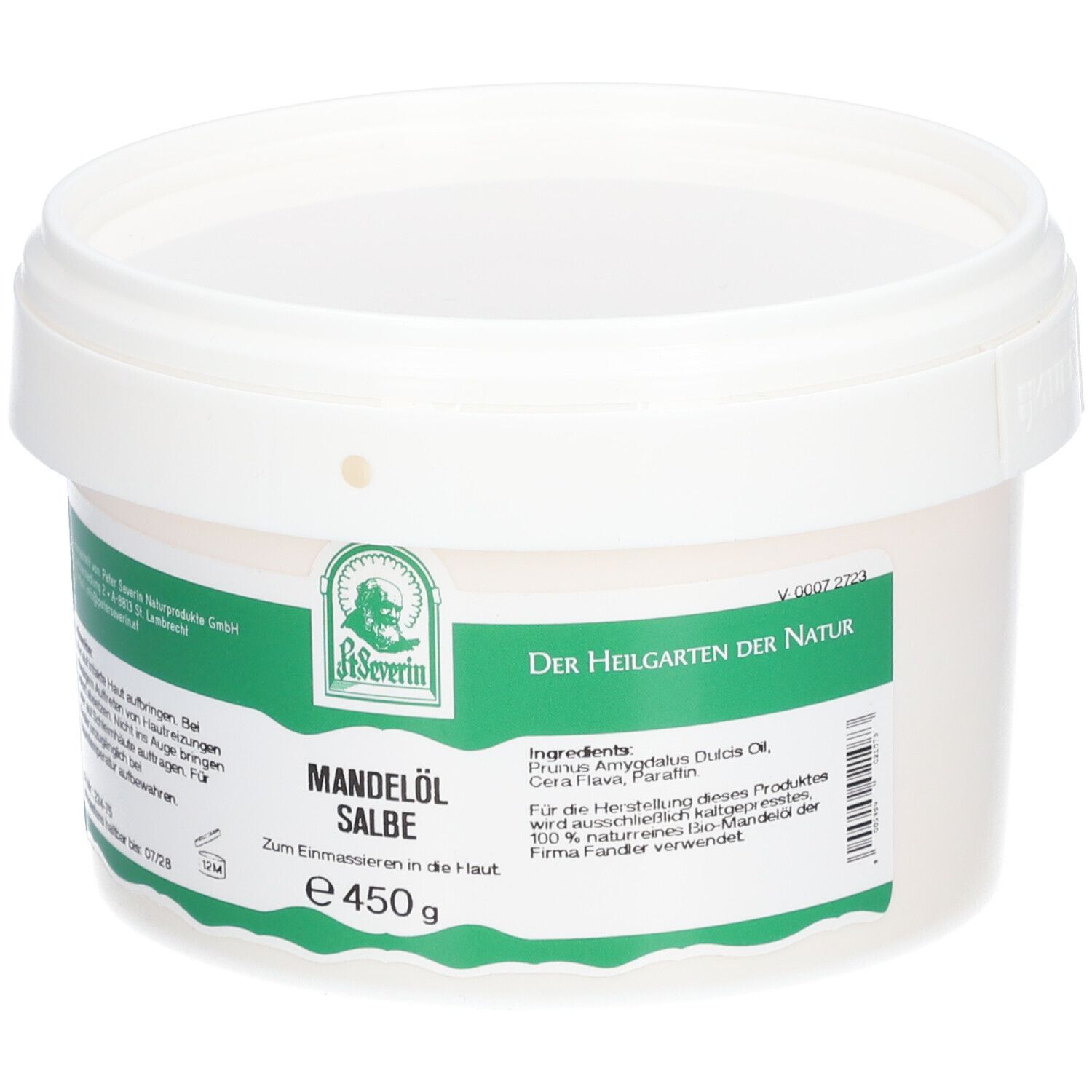 Weißer Eimer mit Deckel. Aufschrift: Mandelöl Salbe, e 450 g. Logo: P. Severin. Text in Grün.