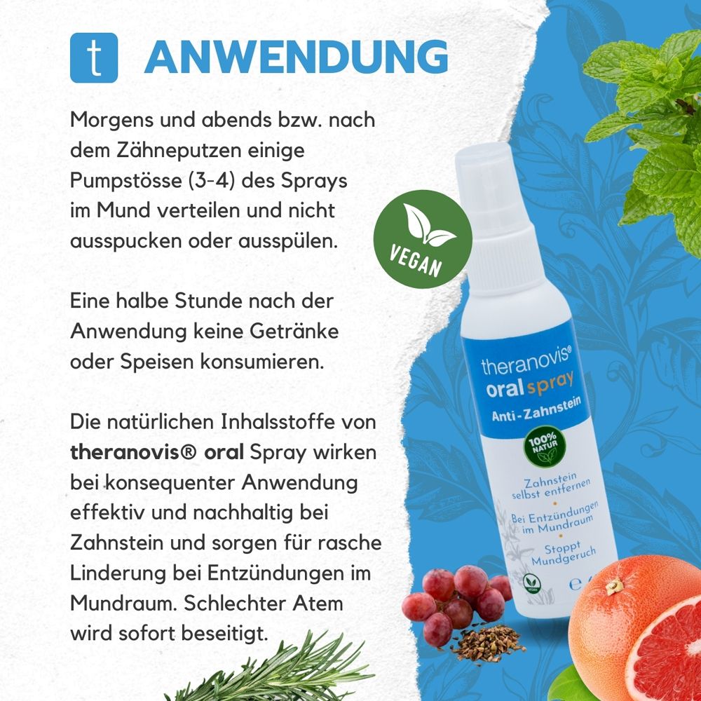 Text: Anwendung. Spray 3-4 mal täglich in den Mund sprühen. Vegan-Siegel. Flasche theranovis oral spray. Früchte und Kräuter.
