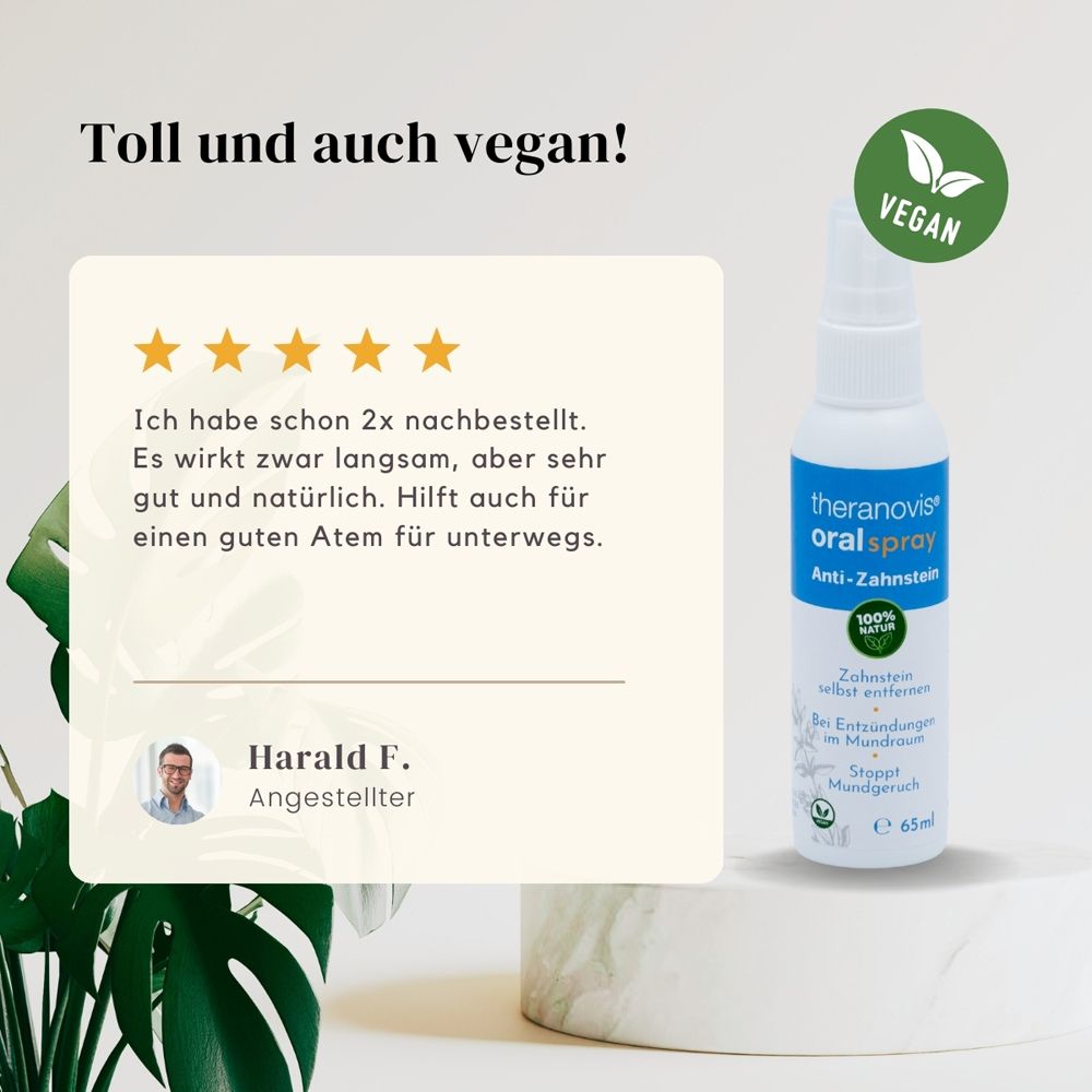 Text: Toll und auch vegan! Zitat: Harald F. Flasche theranovis oral spray. Vegan-Siegel. Sterne-Bewertung.