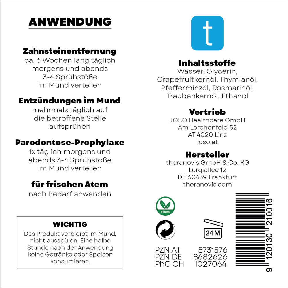 Text: Anwendung. Inhaltsstoffe. Vertrieb. Hersteller. Vegan-Siegel. 24M-Symbol. PZN-Codes. Flasche theranovis oral spray.