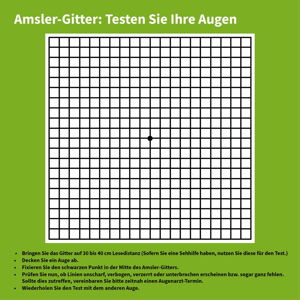 Amsler-Gitter auf grünem Hintergrund. Schwarzes Gitter mit Punkt in der Mitte. Text: Testen Sie Ihre Augen.