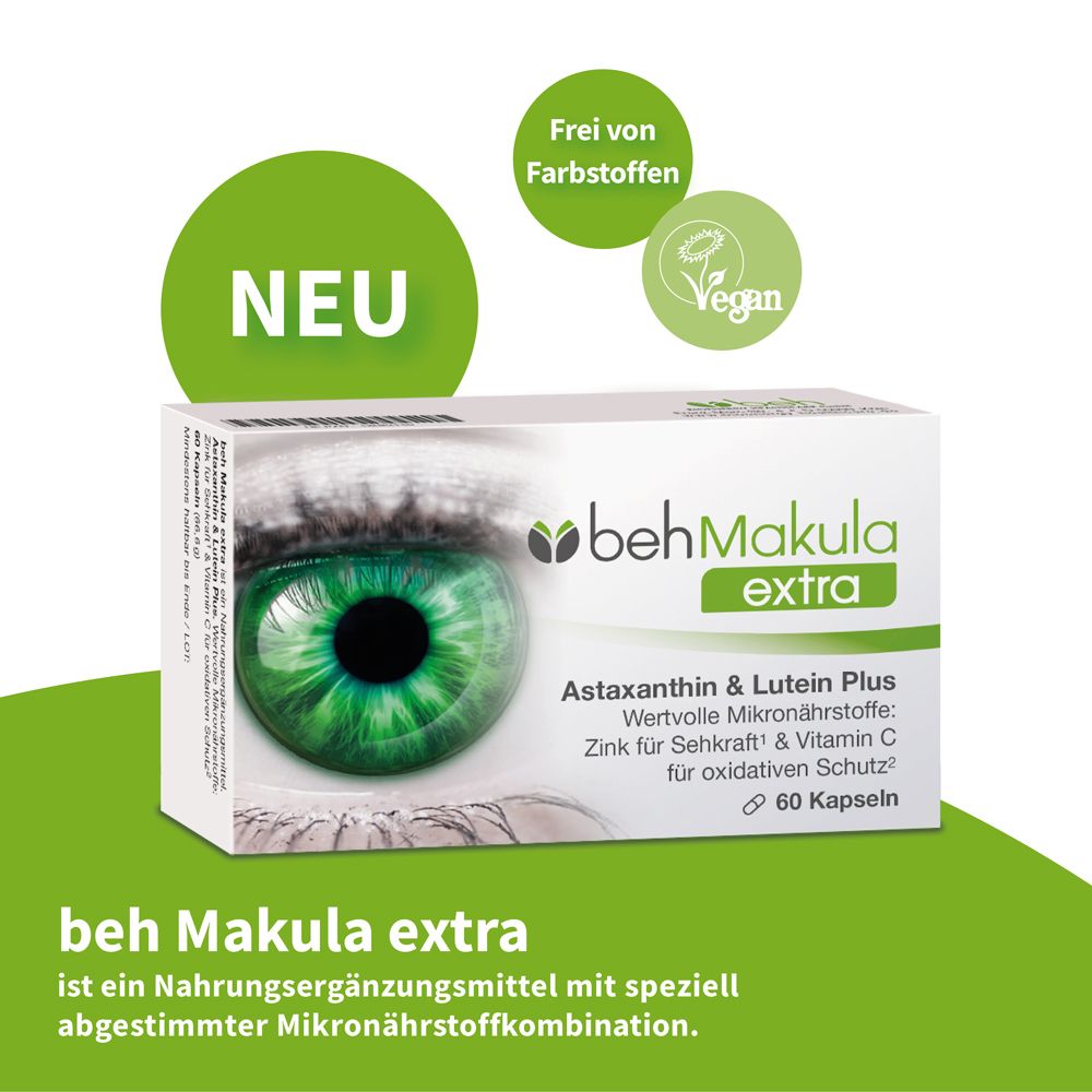 Beh Makula extra Packung mit 60 Kapseln. Text: Astaxanthin & Lutein Plus. Grün-weiße Verpackung, vegan.