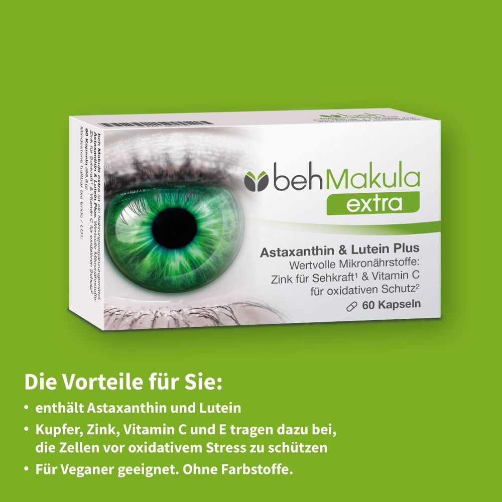 Beh Makula extra Packung. Text: Astaxanthin & Lutein Plus, 60 Kapseln. Vorteile: Astaxanthin und Lutein, vegan.
