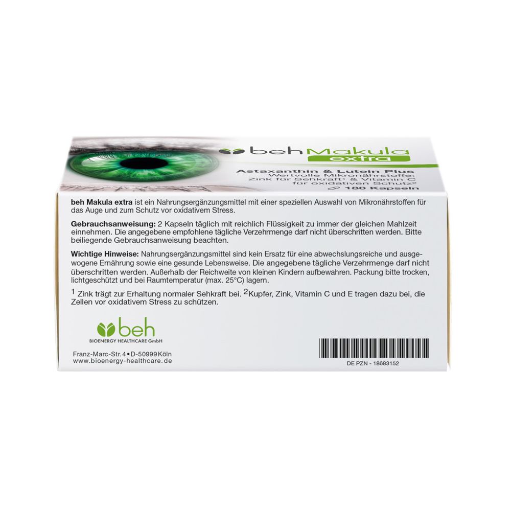 Rückseite der beh Makula extra Packung. Gebrauchsanweisung und wichtige Hinweise. Text in deutscher Sprache.