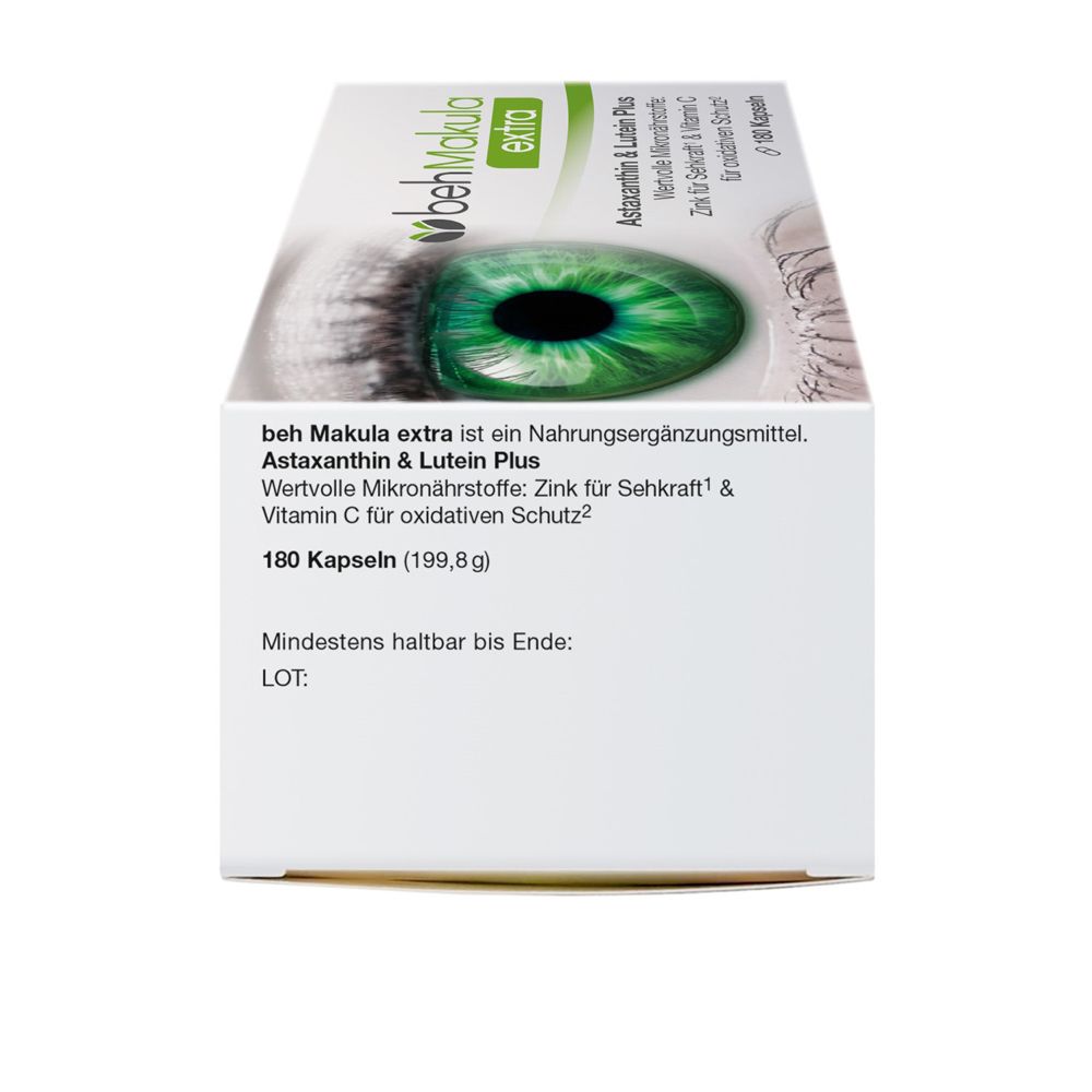 Beh Makula extra Packung, Seitenansicht. Text: Astaxanthin & Lutein Plus, 180 Kapseln. Mindestens haltbar bis...