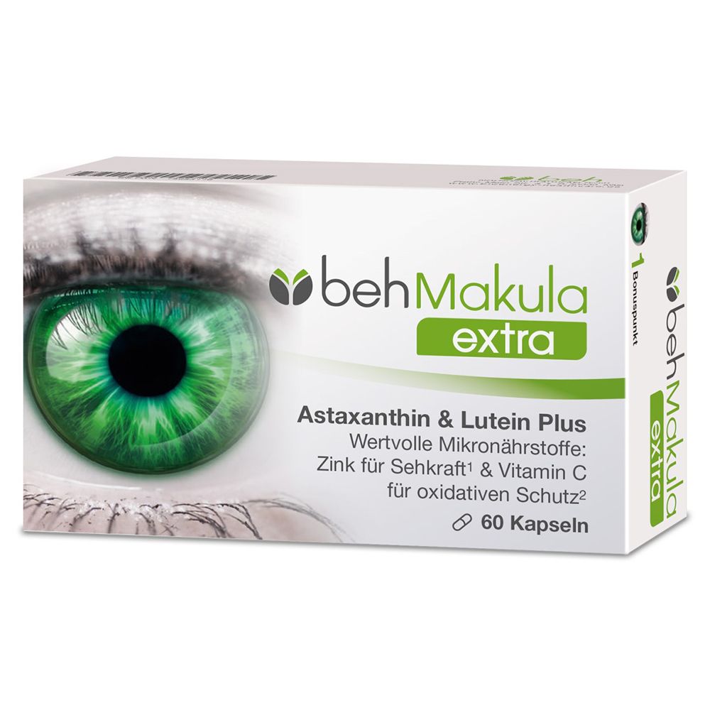 Beh Makula extra Packung. Text: Astaxanthin & Lutein Plus, 60 Kapseln. Grün-weiße Verpackung.