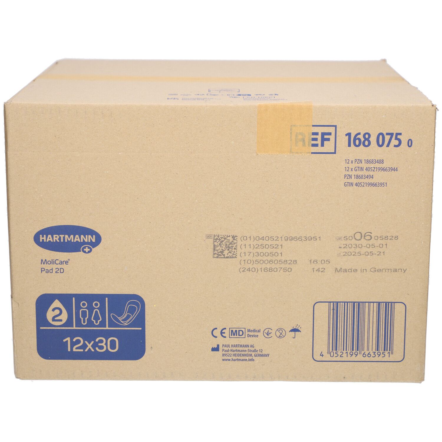 Karton mit Hartmann MoliCare Pad 2 Tropfen. Aufdrucke: 12x30, REF 168 075 0, CE-Kennzeichnung, Barcode, Made in Germany.