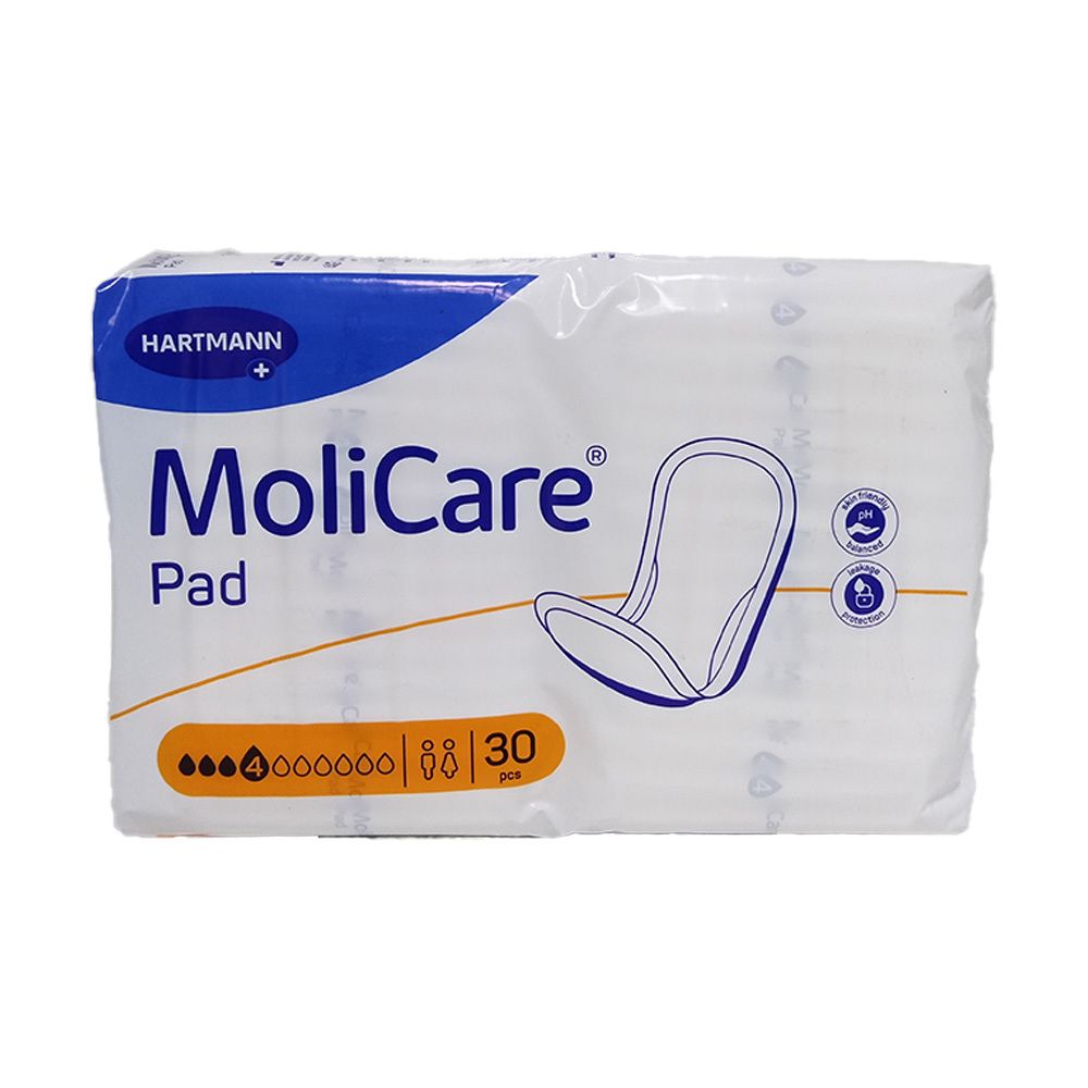 MoliCare Pad, 30 Stück. Weiße Verpackung mit Logo und Produktbezeichnung. 4 Tropfen-Symbol.
