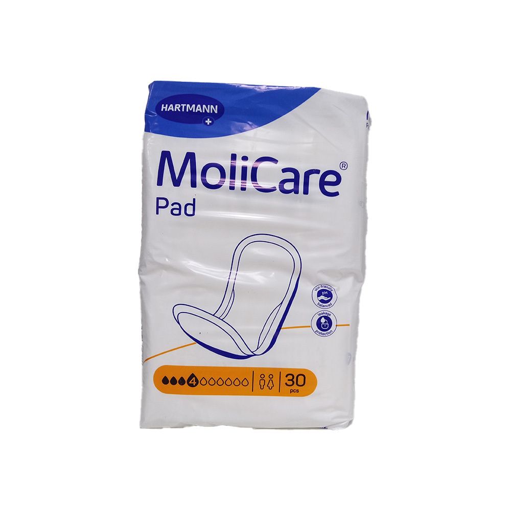 MoliCare Pad, 30 Stück. Weiße Verpackung mit Logo und Produktbezeichnung. 4 Tropfen-Symbol.